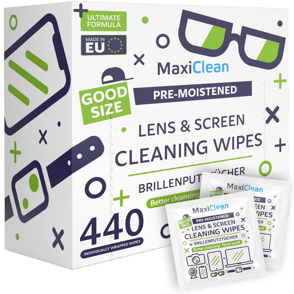 Maxi Clean paquete frontal mostrando cantidad y diseño, limpieza conveniente
