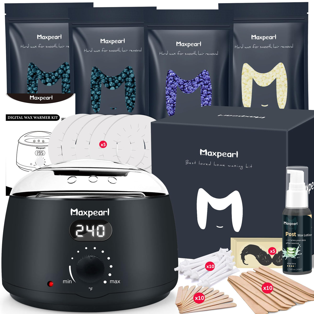 Maxpearl frontal del kit negro mostrando calentador y accesorios, facilidad de uso