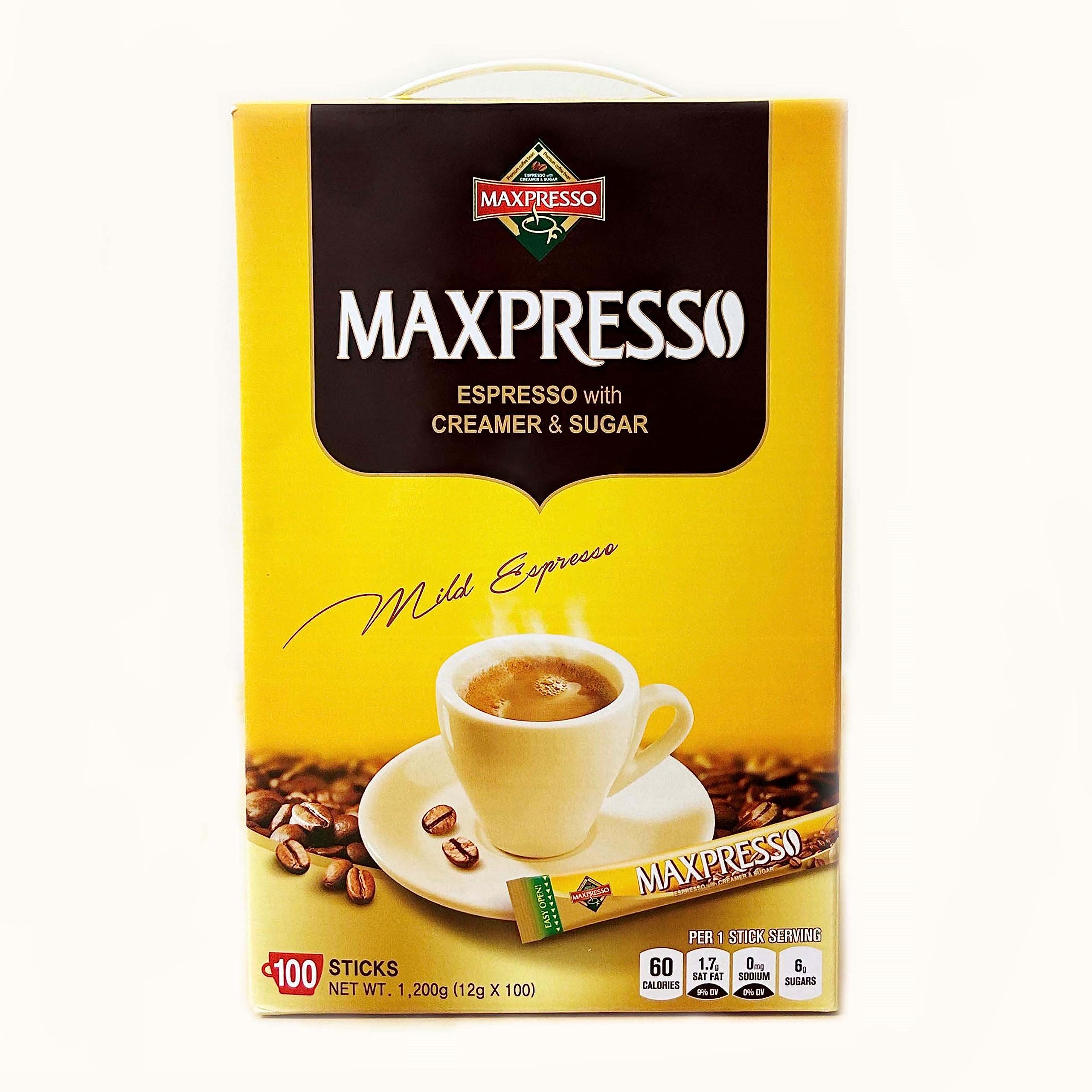 Maxpresso caja frontal mostrando 100 sobres y conveniencia inmediata