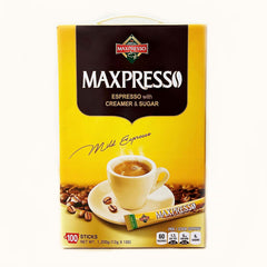 Maxpresso caja frontal mostrando 100 sobres y conveniencia inmediata