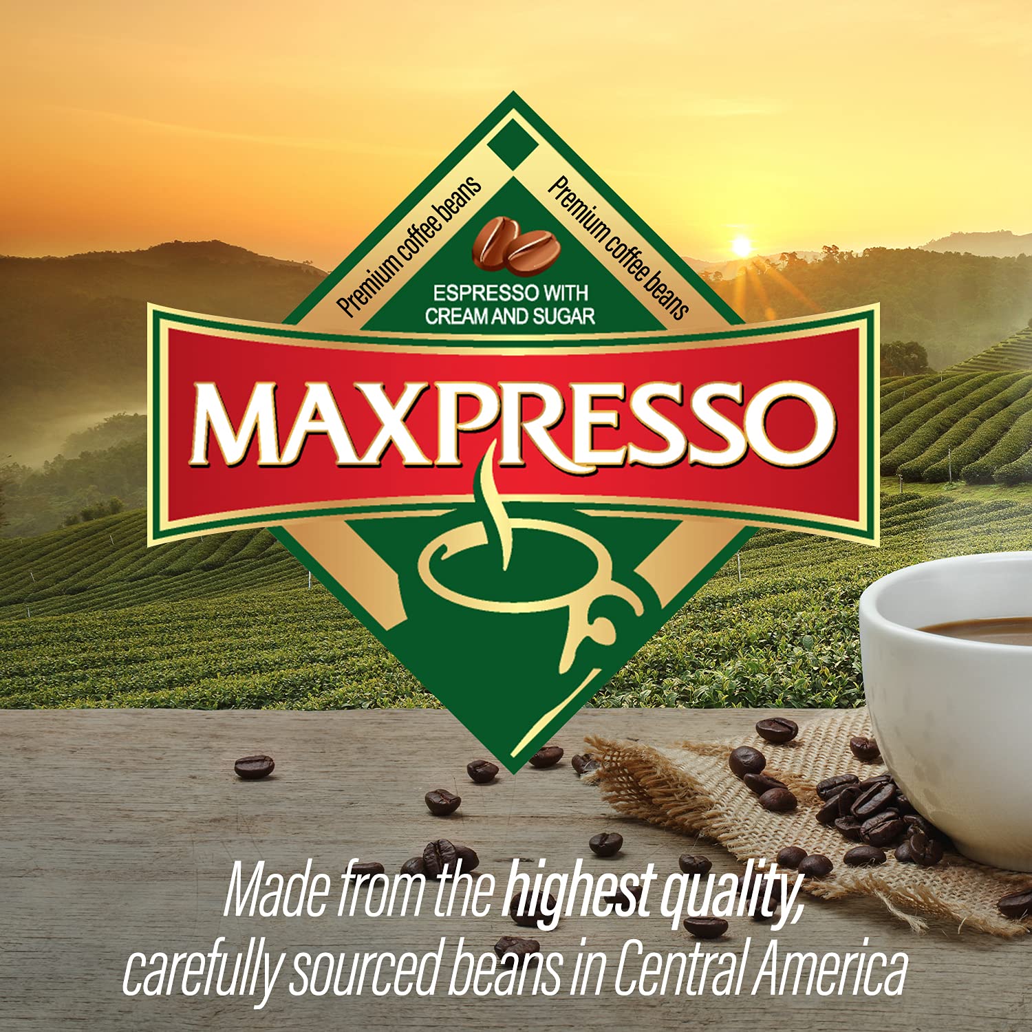 Maxpresso caja abierta mostrando tamaño real y sobres incluidos