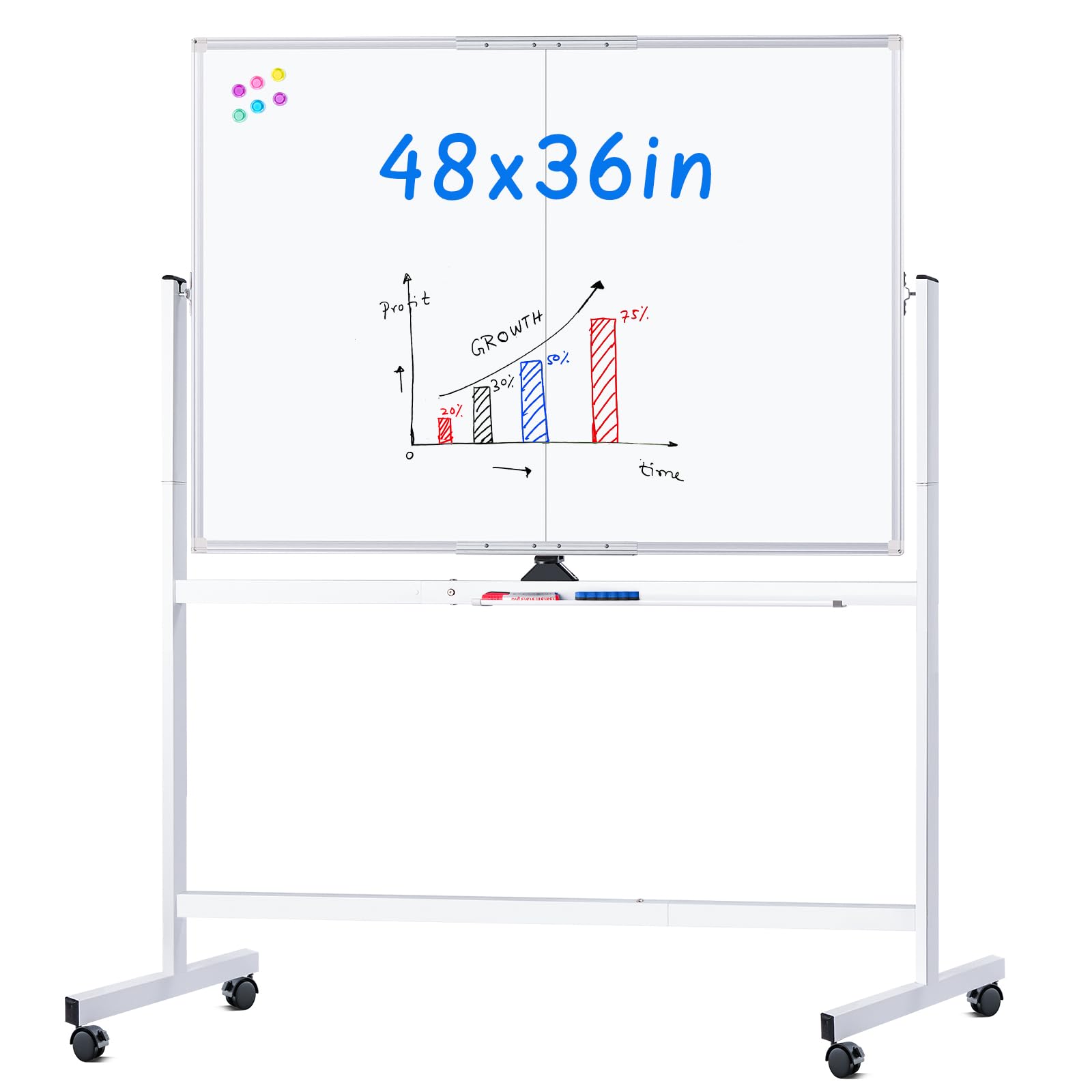 maxtek front view of rolling whiteboard showing full double-sided surface and frame benefit