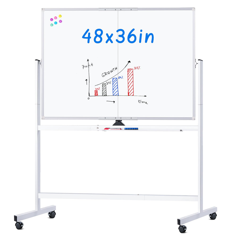 maxtek front view of rolling whiteboard showing full double-sided surface and frame benefit