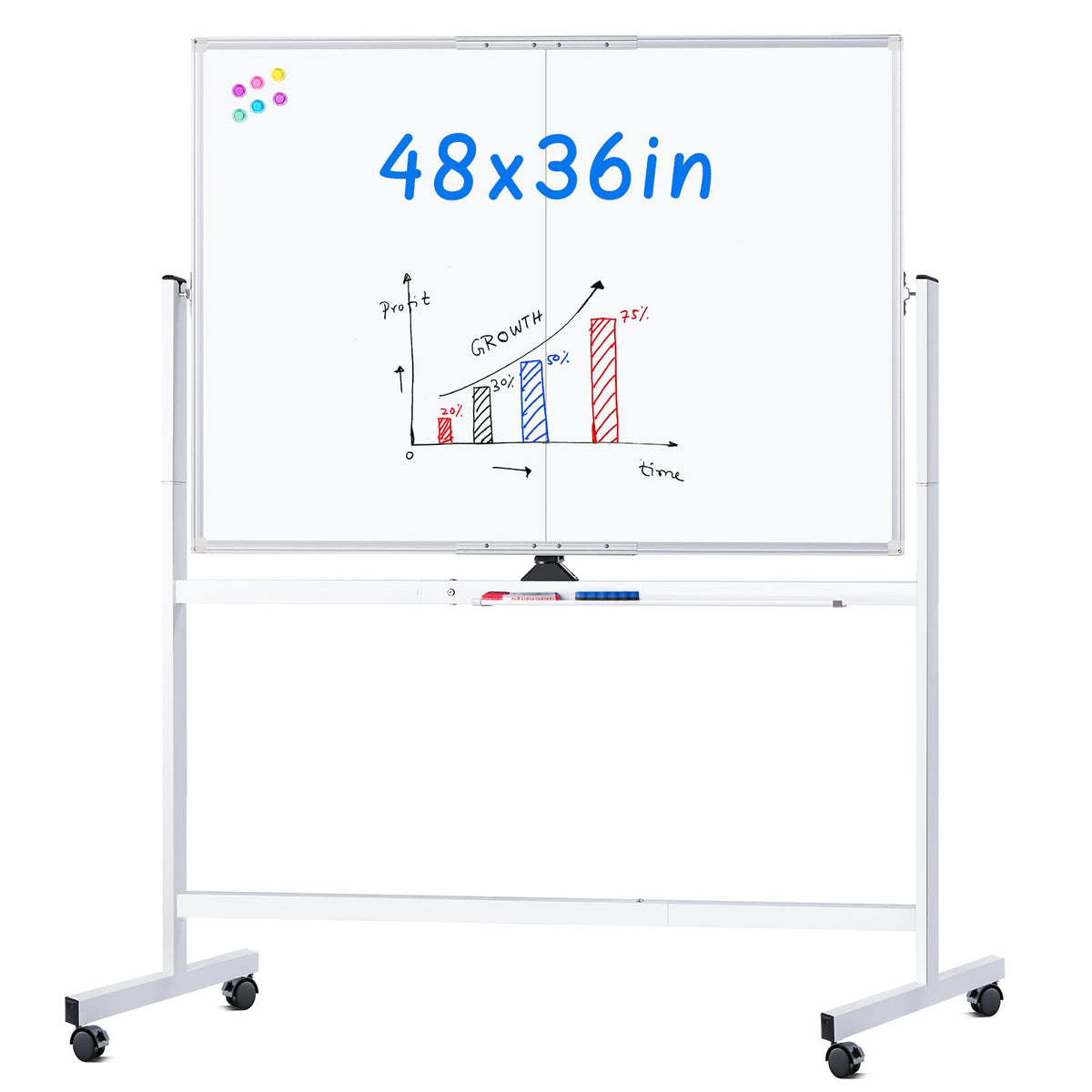 maxtek front view of rolling whiteboard showing full double-sided surface and frame benefit