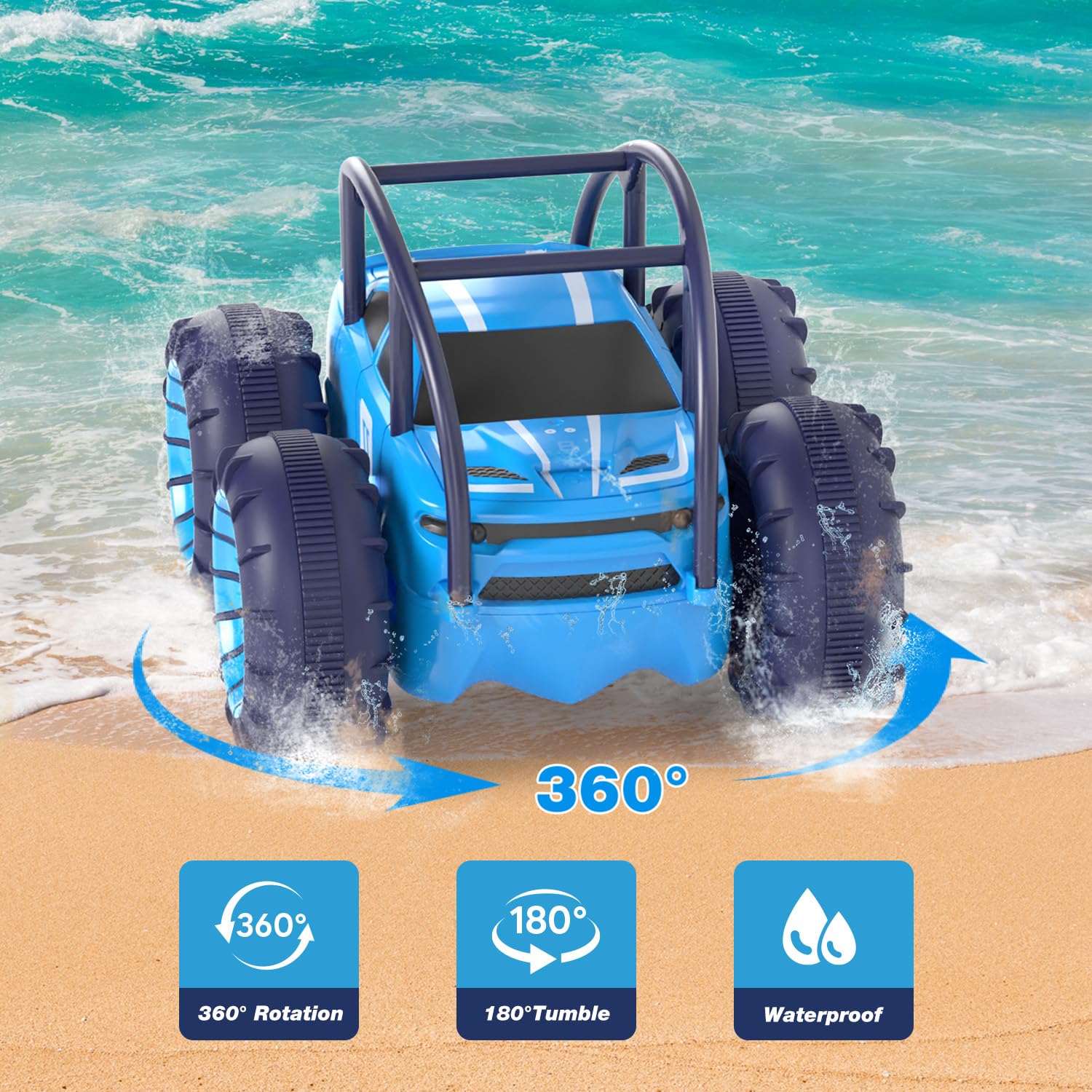 MaxTronic coche anfibio navegando un charco demostrando resistencia al agua