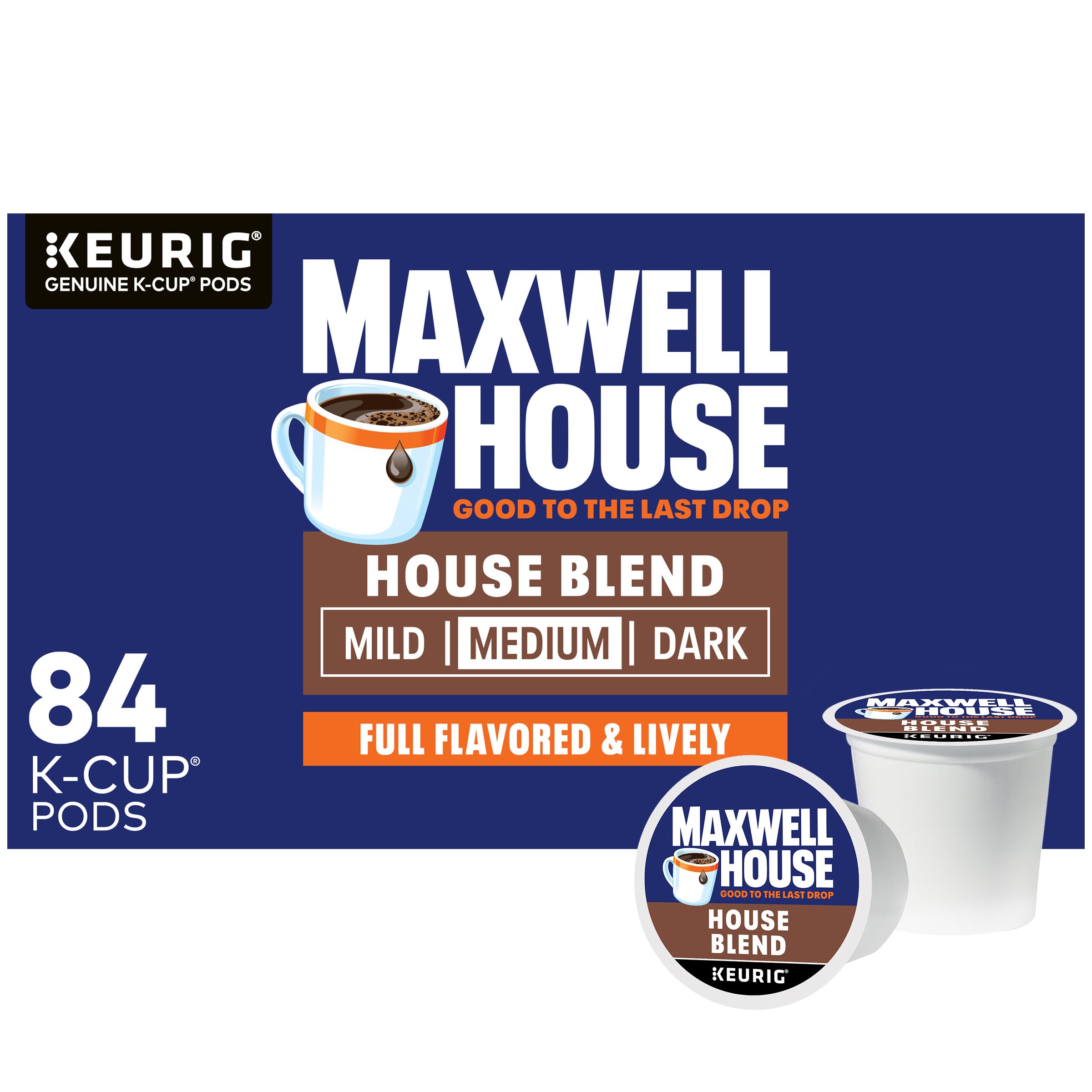 Maxwell House caja frontal muestra 84 cápsulas convenientemente almacenadas