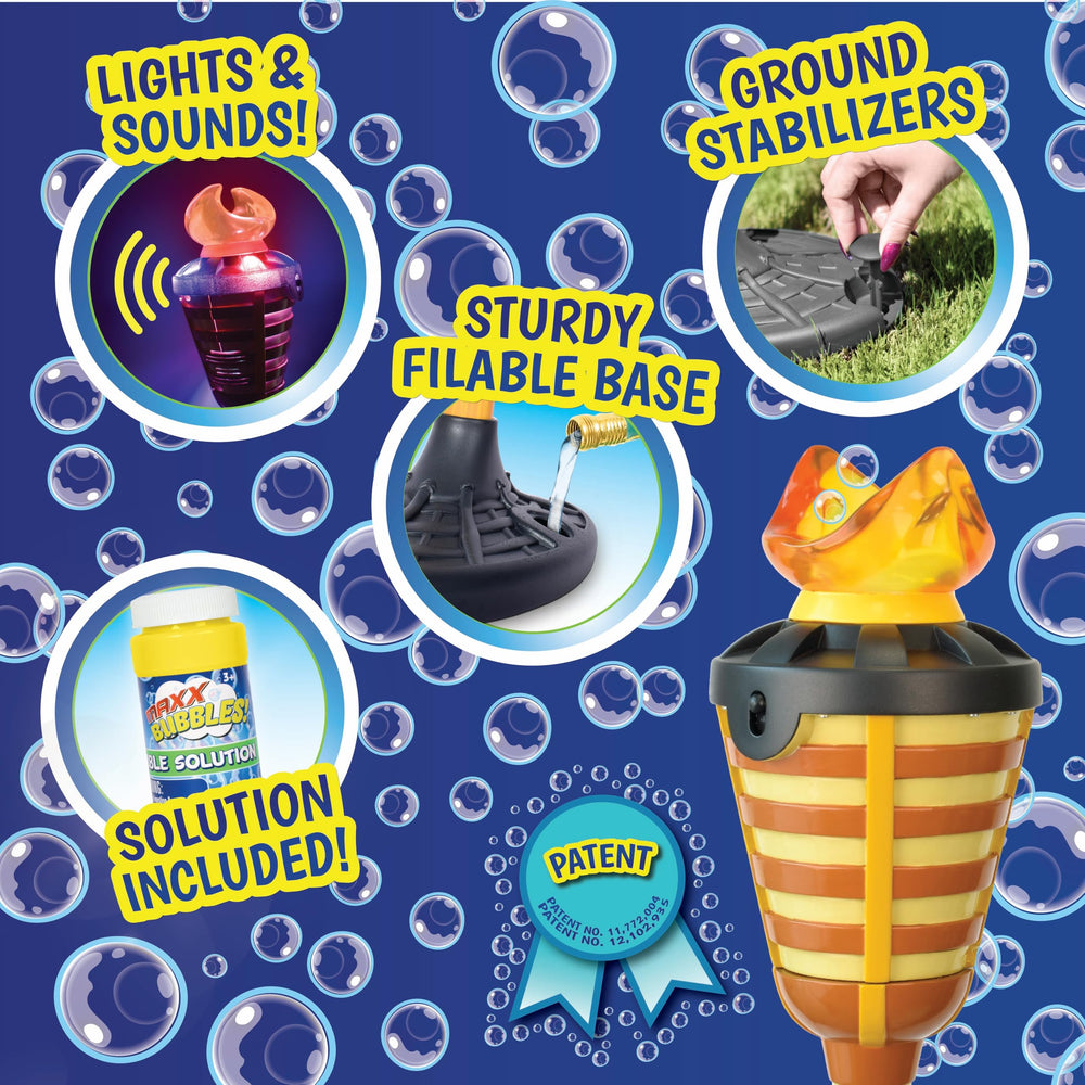 Maxx Bubbles en uso junto a piscina creando ambiente festivo familiar