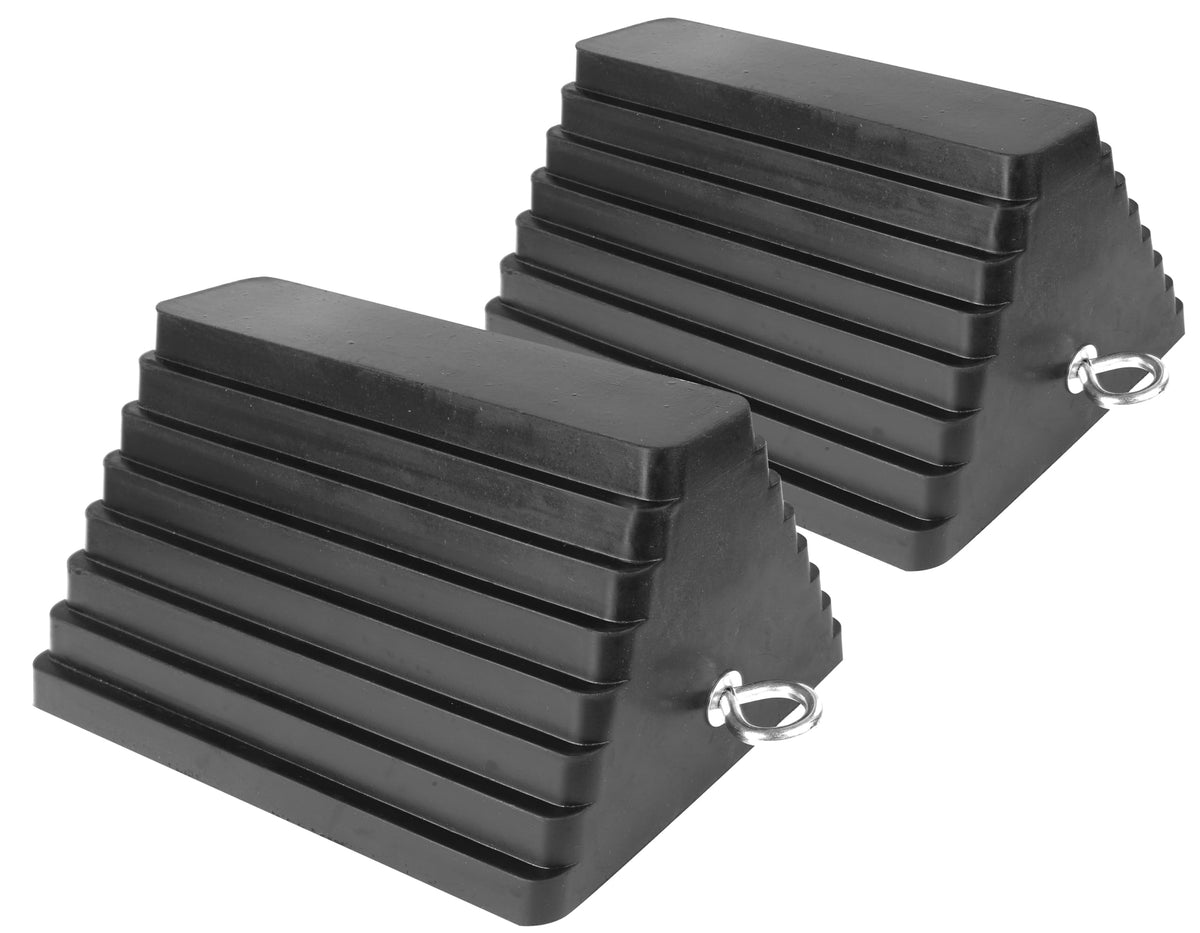 MaxxHaul front view of two rubber chocks showing large footprint and stability benefit