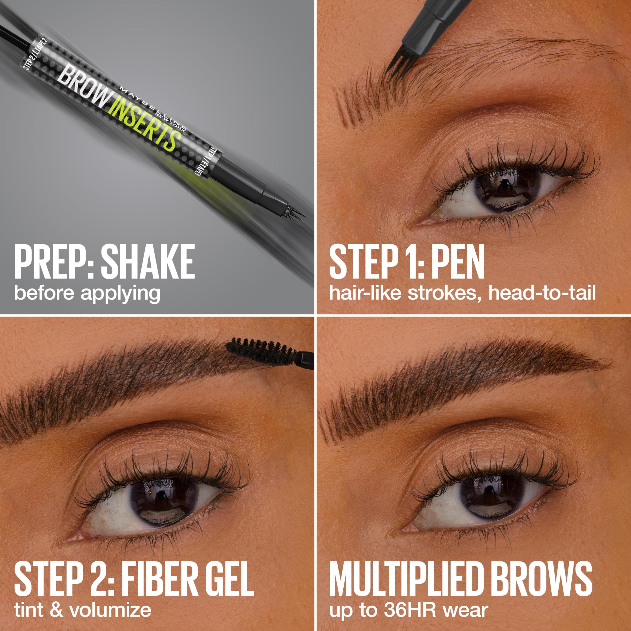 MAYBELLINE modelo antes y después con cejas más densas