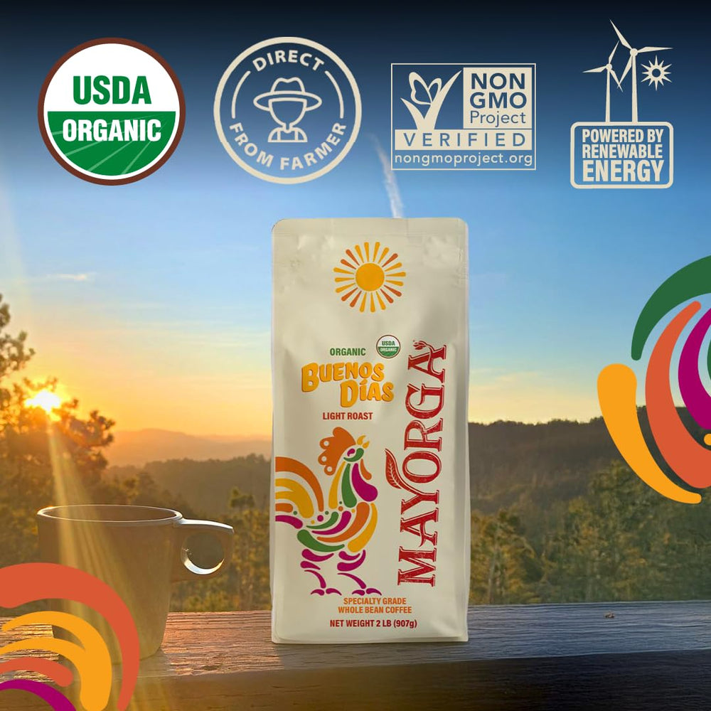 Mayorga etiqueta con sellos USDA Organic y Kosher, garantía de certificaciones