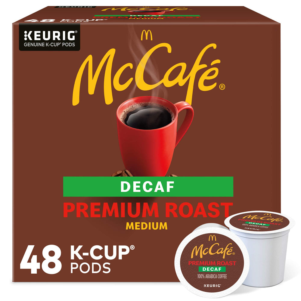 McCafé front packaging showing 48-count decaf pods and convenience