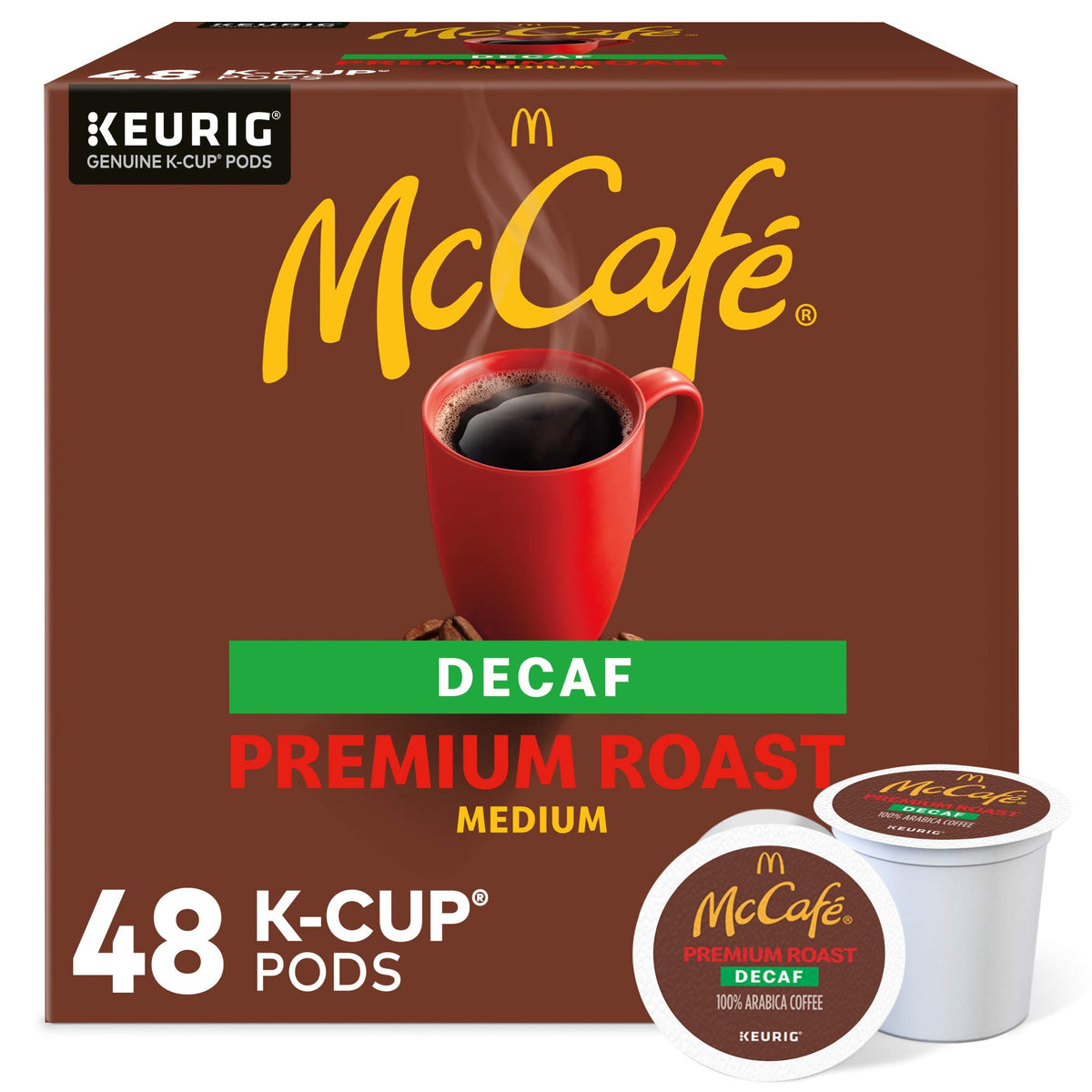 McCafé front packaging showing 48-count decaf pods and convenience
