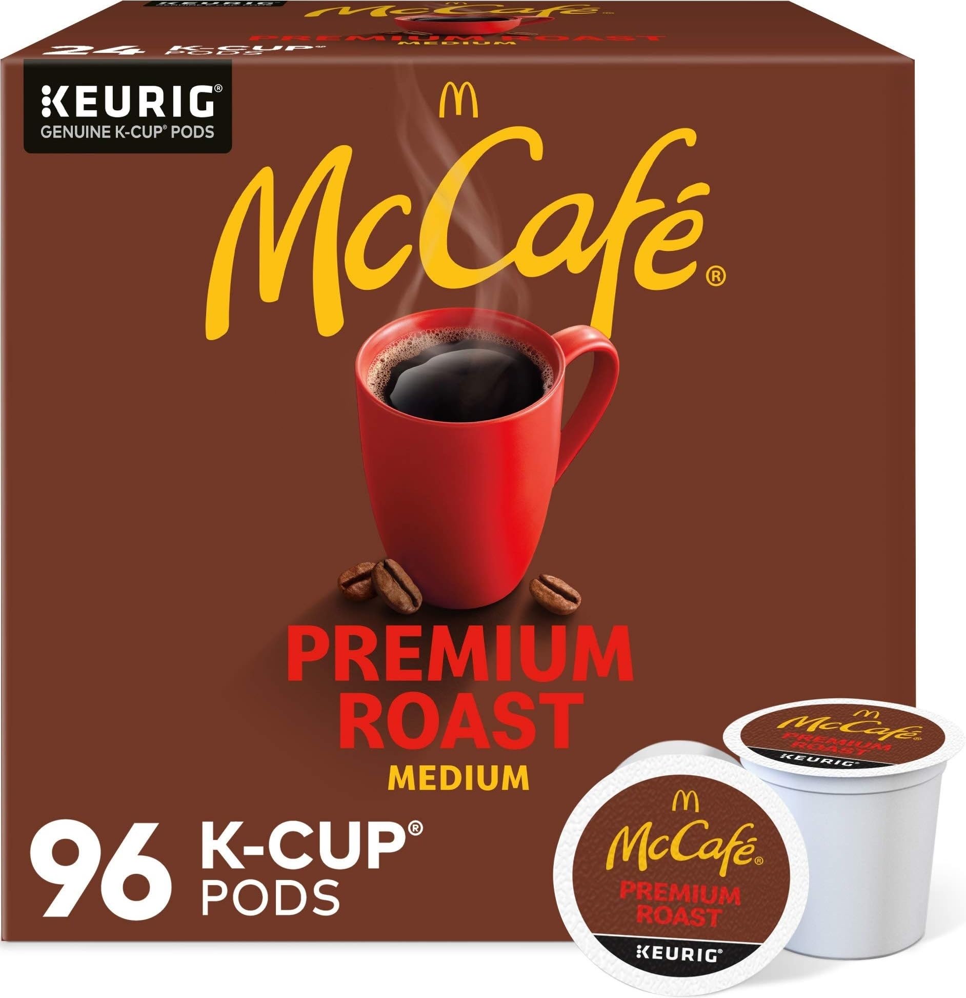 McCafé frente del embalaje de 96 cápsulas K-Cup mostrando cantidad y marca, conveniencia inmediata