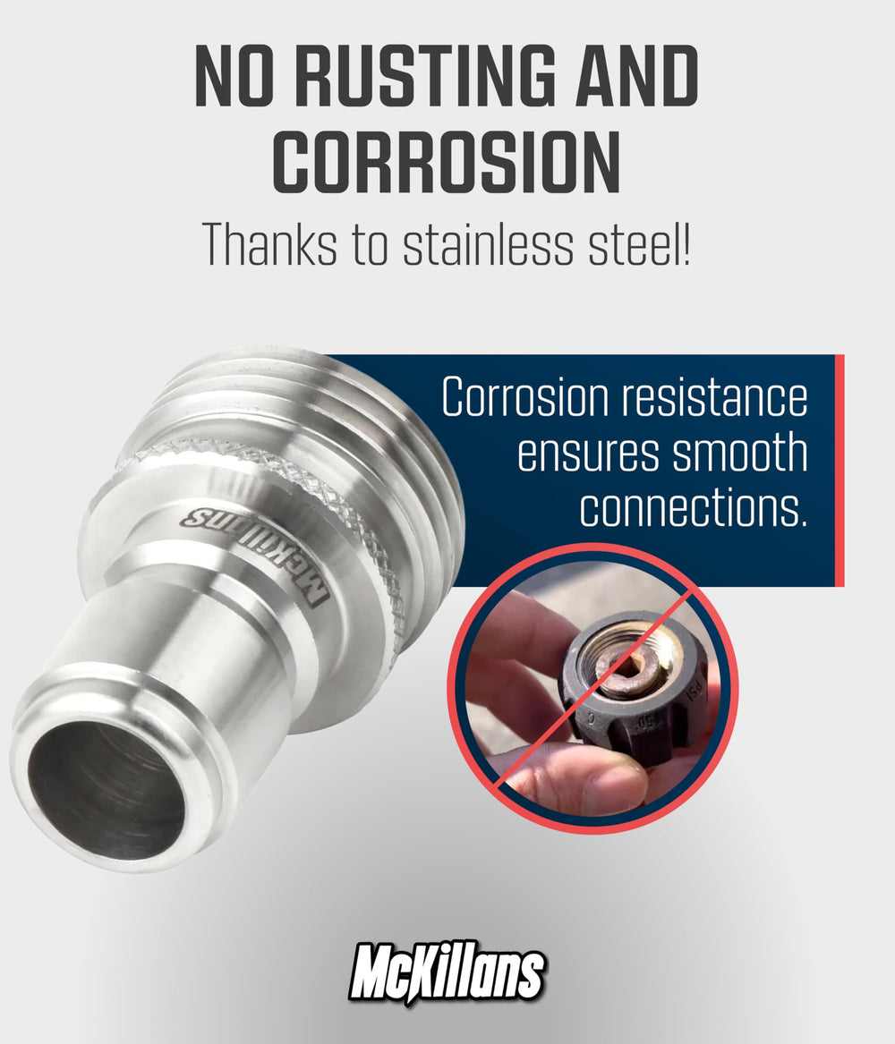 McKillans stainless steel connector detail showing corrosion-resistant finish