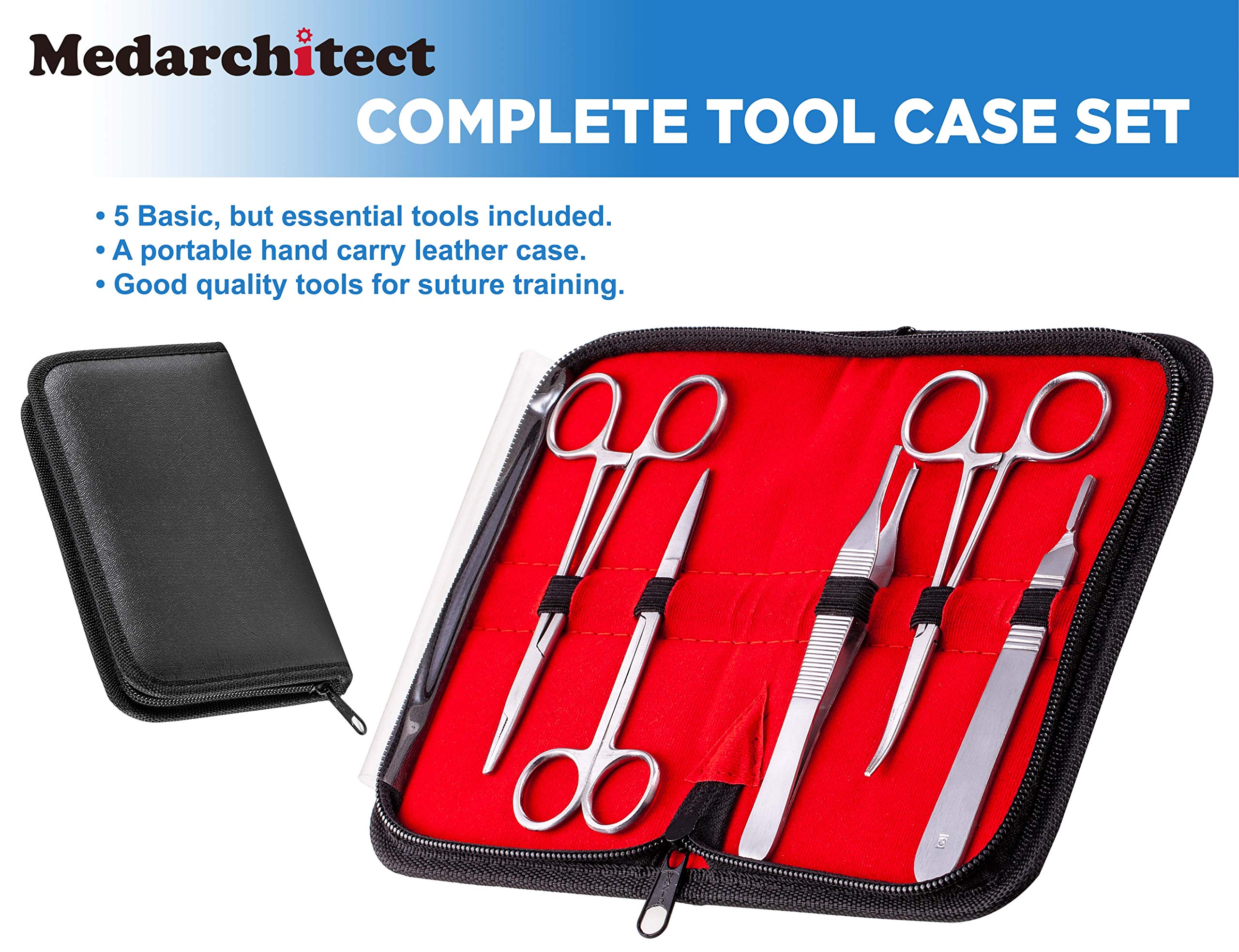 Medarchitect herramientas quirúrgicas dispuestas incluyendo portagujas y tijeras útiles