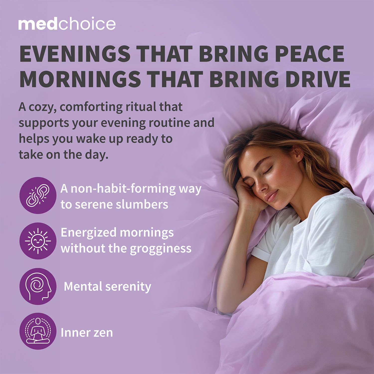 MEDCHOICE persona tomando cápsula antes de dormir para rutina nocturna