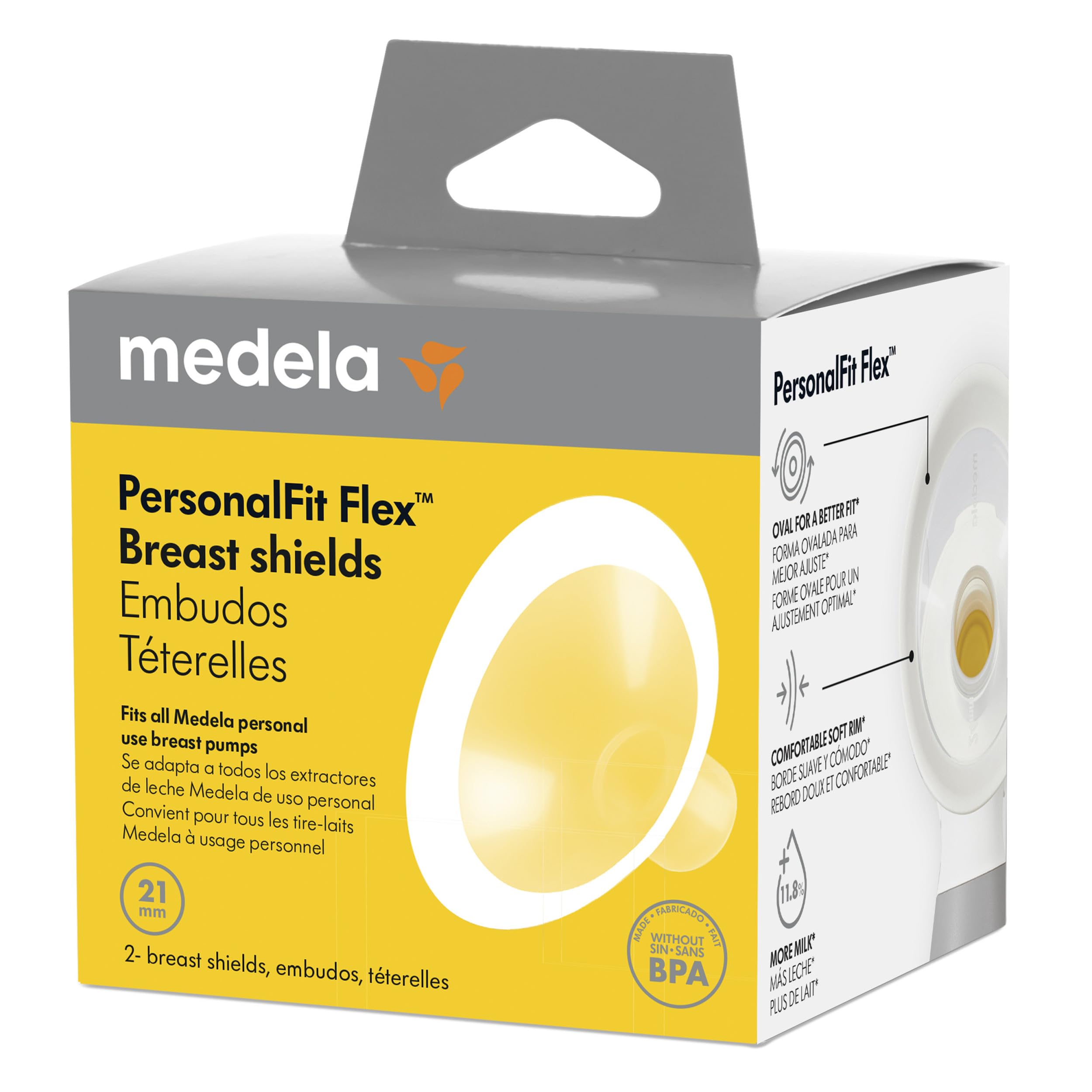 Medela PersonalFit Flex demostración del ángulo de apertura 105 grados para confort