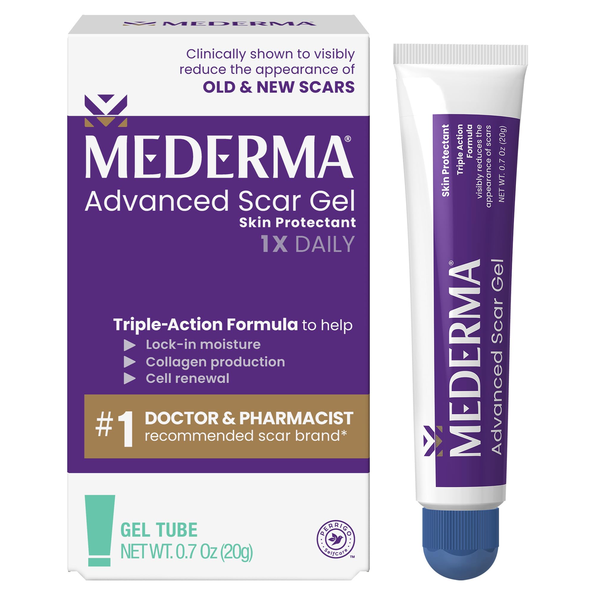 Mederma frente del tubo mostrando marca y presentación, fácil identificación del producto