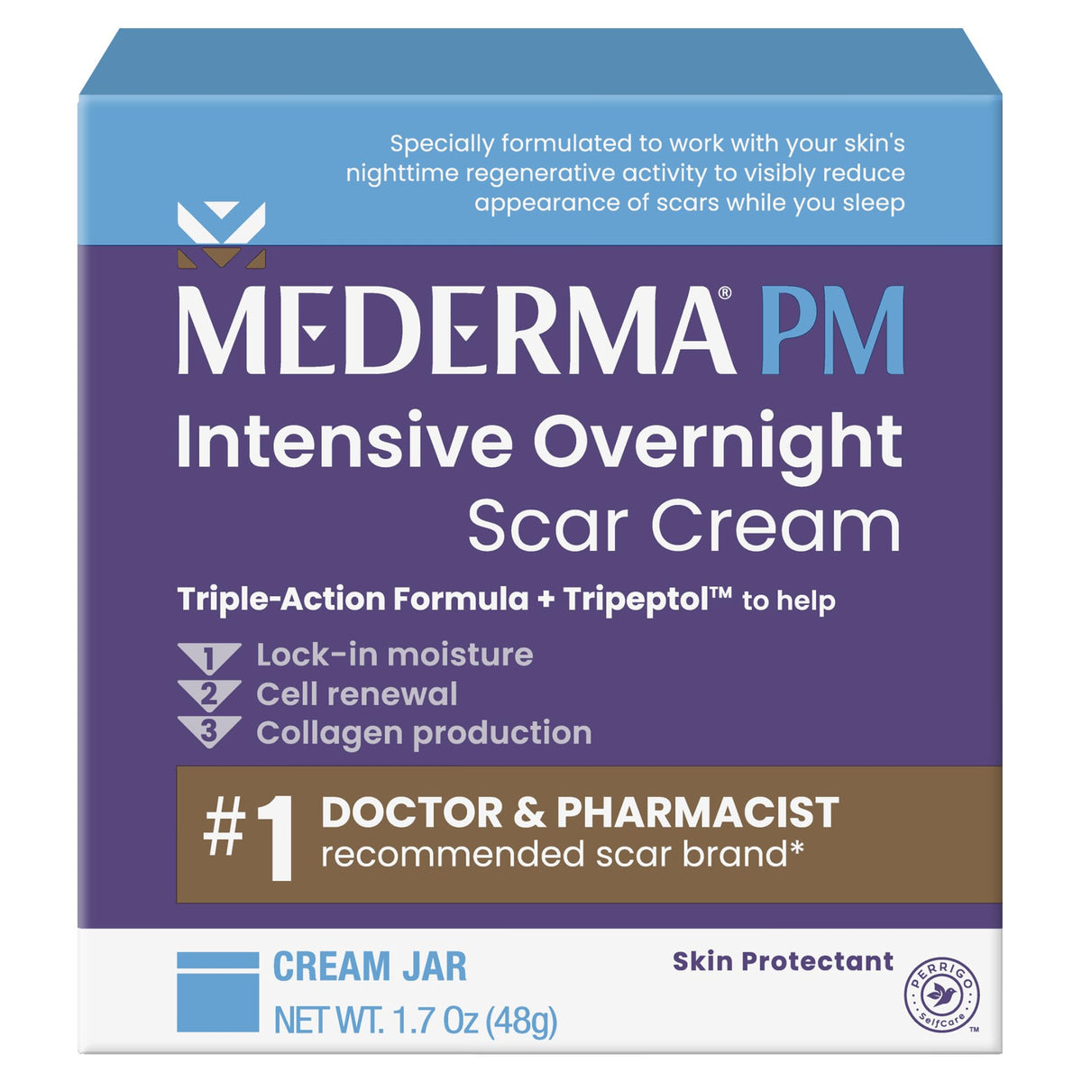Mederma frontal del empaque mostrando presentación y beneficio nocturno
