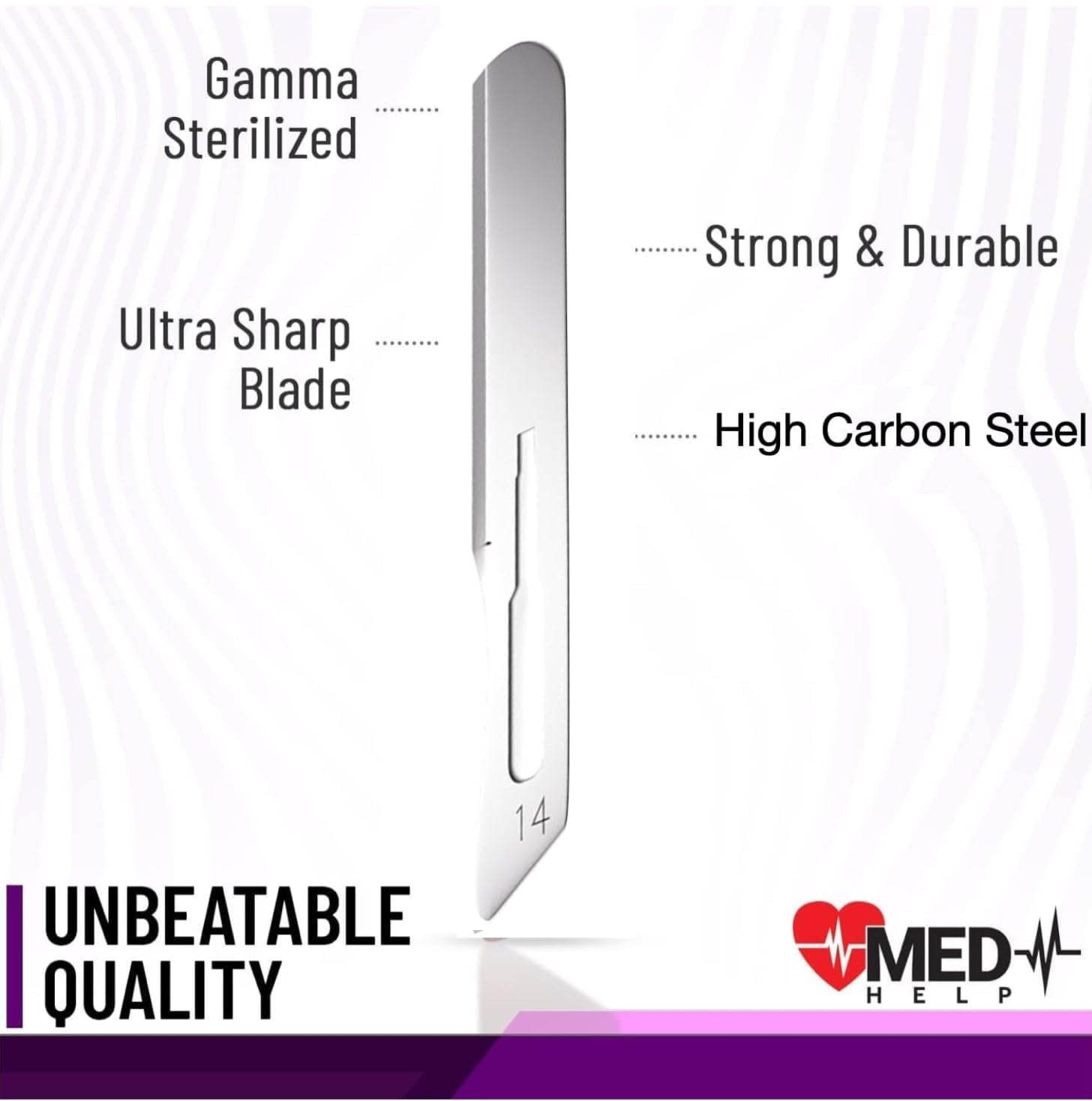 MedHelp hoja 14R primer plano mostrando filo de acero al carbono y precisión