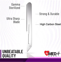 MedHelp hoja 14R primer plano mostrando filo de acero al carbono y precisión