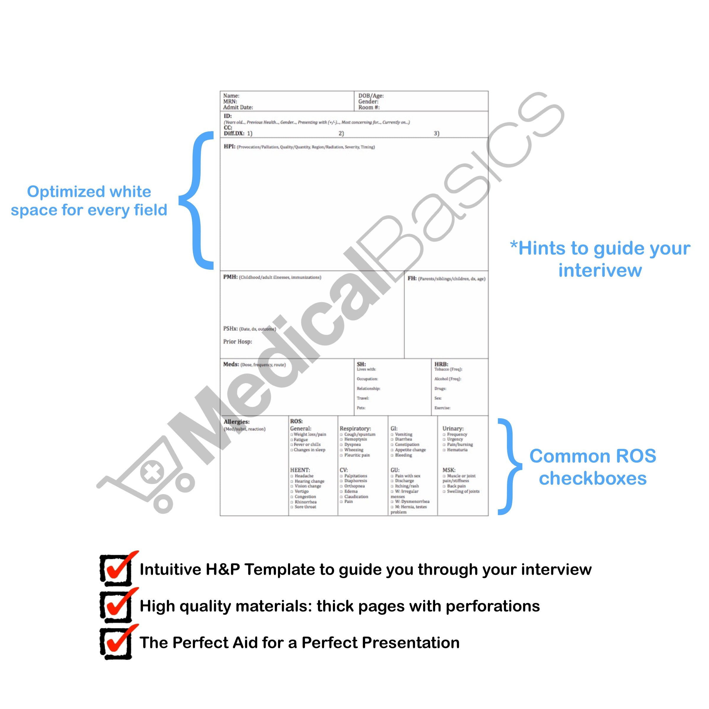 Medical Basics primer plano del papel y perforación, detalle que facilita separar páginas