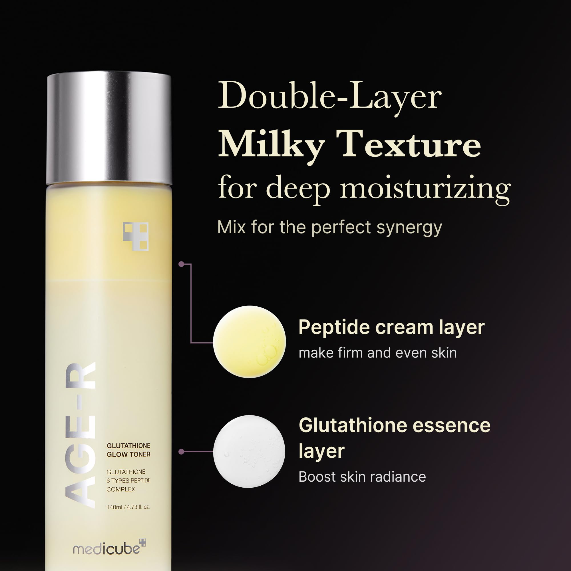 medicube tamaño del Age-R Milky Toner junto a una palma para referencia de escala