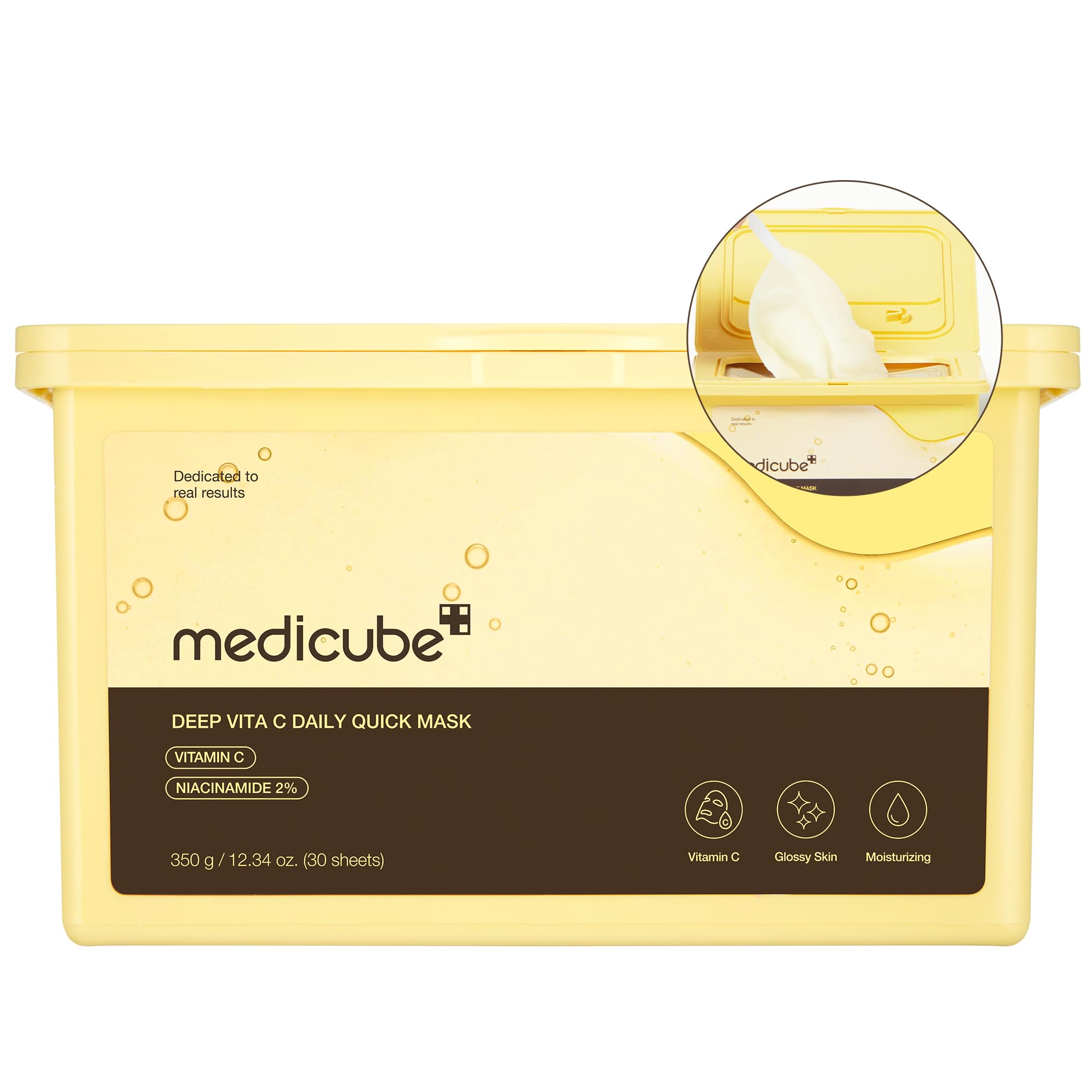 medicube packaging frontal con 30 mascarillas, conveniencia diaria