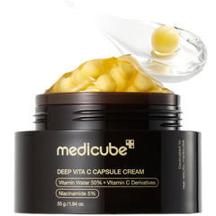 medicube frasco frontal mostrando cápsulas y gel para luminosidad