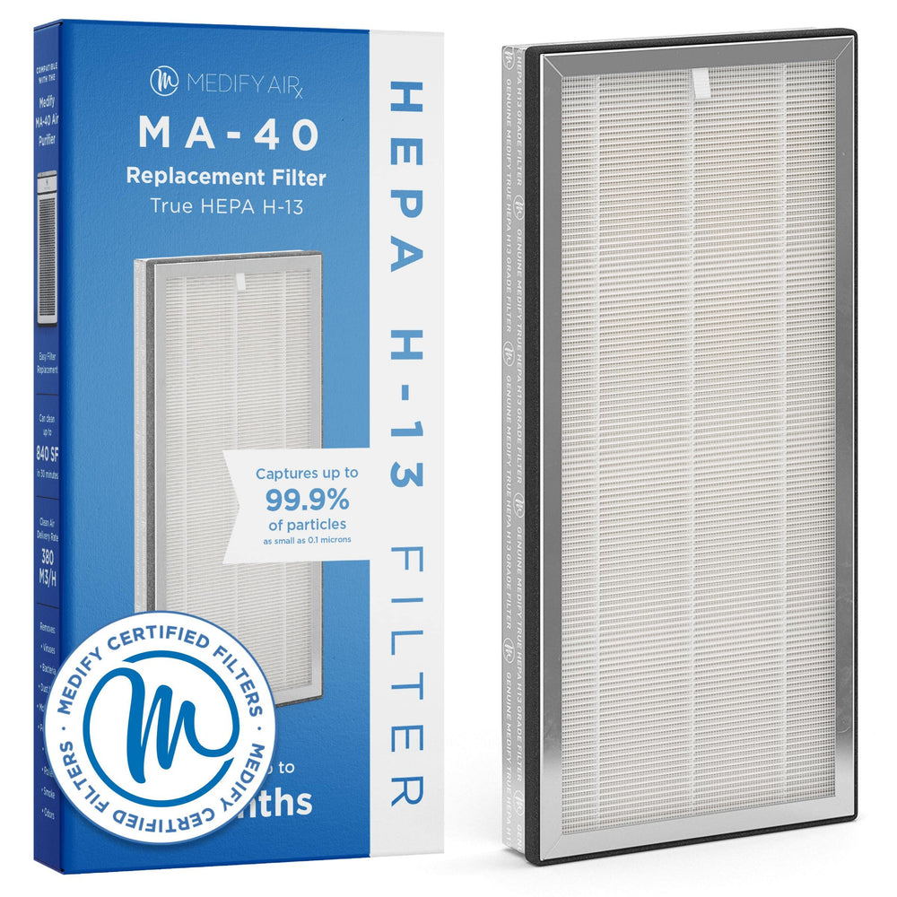 Medify Air filtro MA-40 frontal mostrando embalaje y sello de autenticidad, confianza
