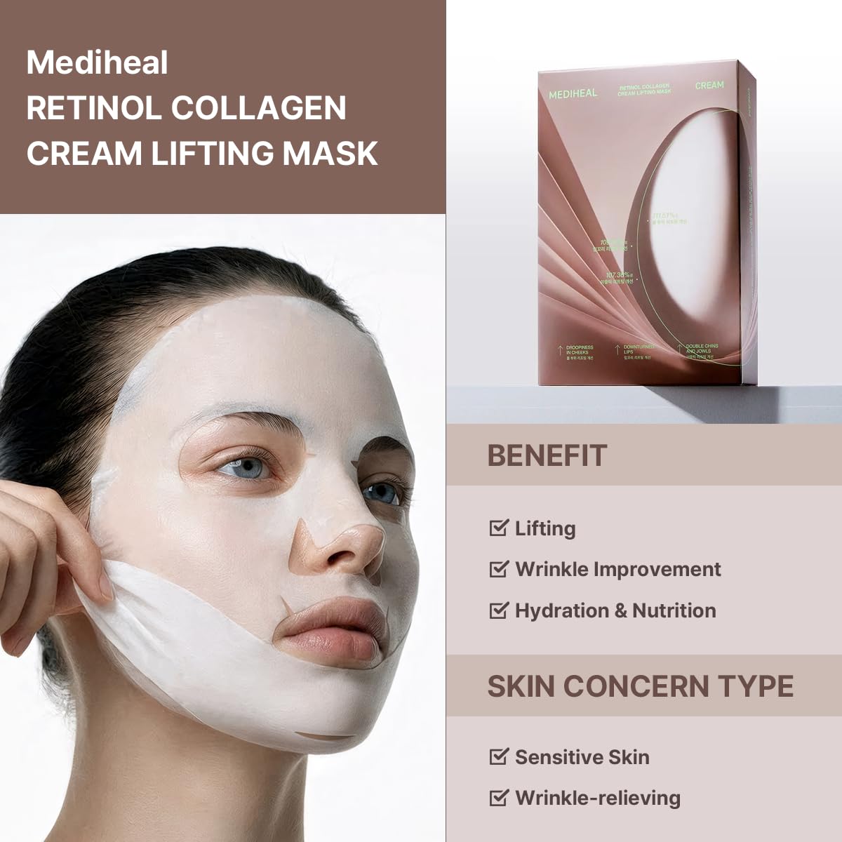 MEDIHEAL aplicación de la mascarilla en rostro para efecto reafirmante