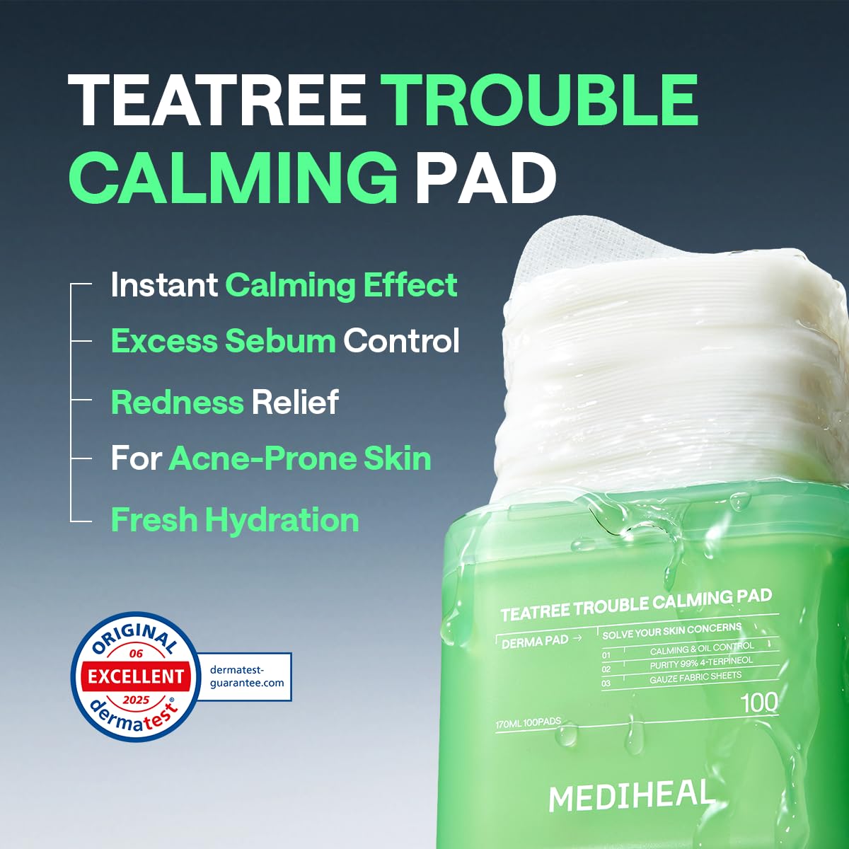 MEDIHEAL pad aplicada en mejilla demostrando alivio y control del brillo
