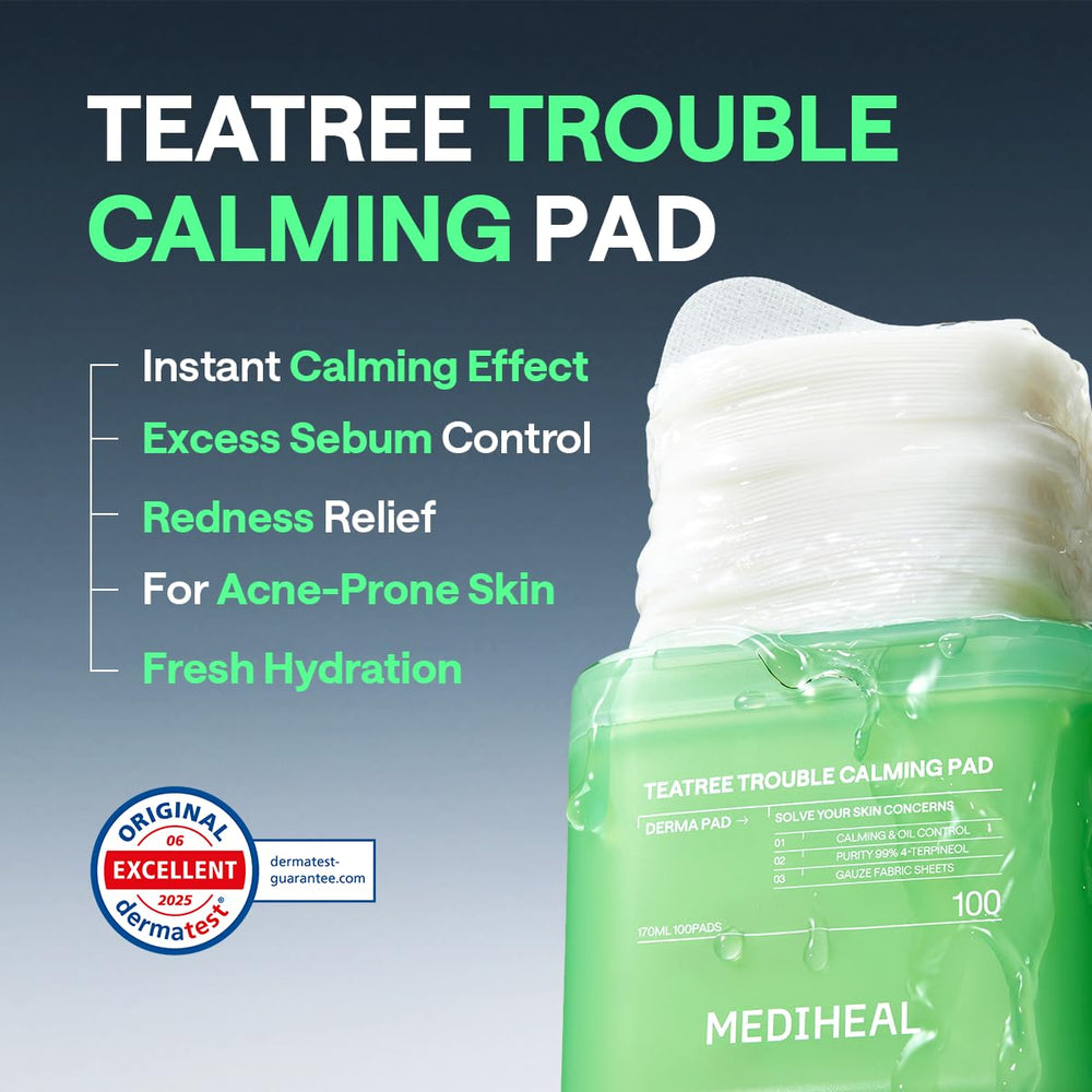 MEDIHEAL pad aplicada en mejilla demostrando alivio y control del brillo