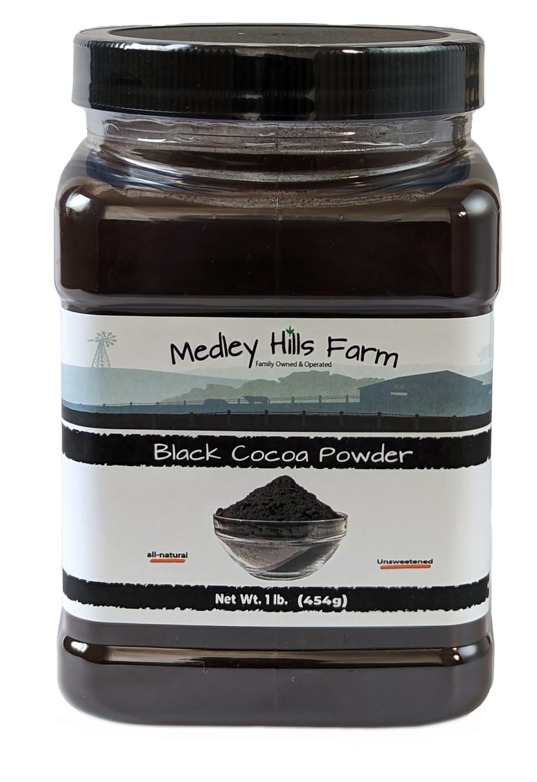 Medley Hills Farm frente del envase reutilizable con cacao negro, conserva frescura