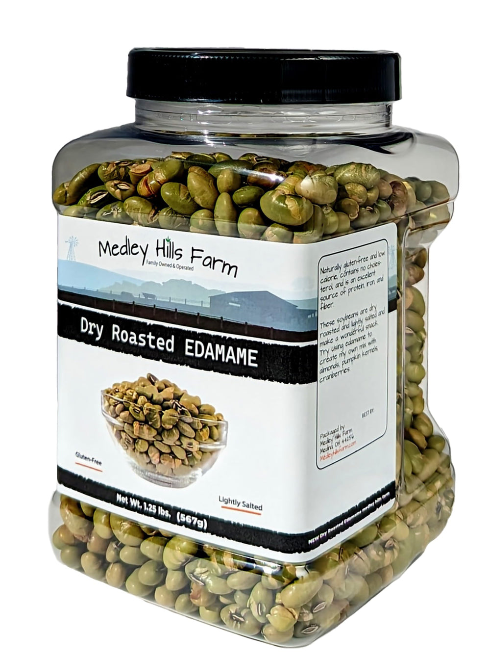 Medley Hills Farm edamame en un bol listo para comer, snack saludable y alto en proteína