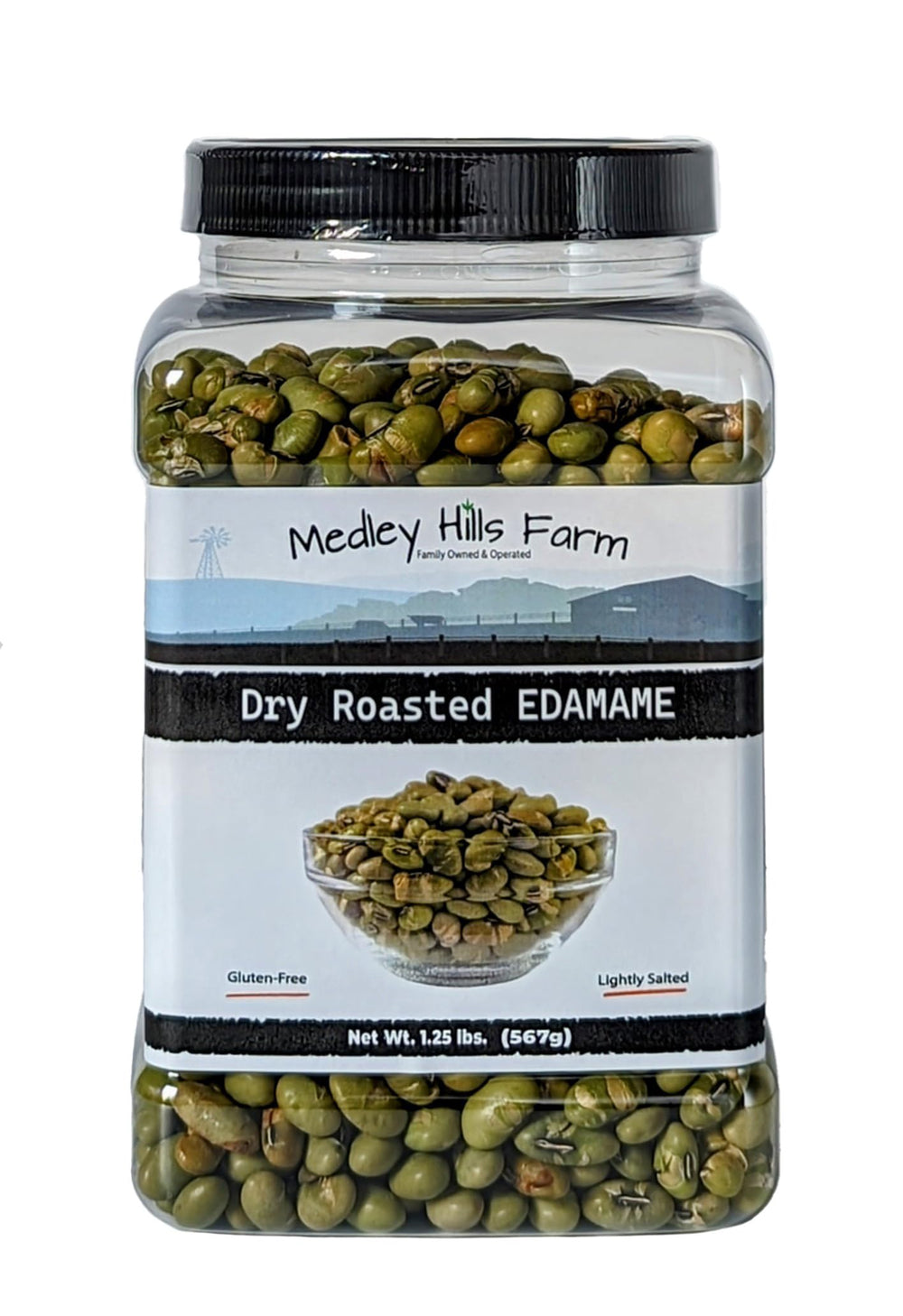 Medley Hills Farm primer plano de textura crujiente del edamame tostado resaltando su crocancia