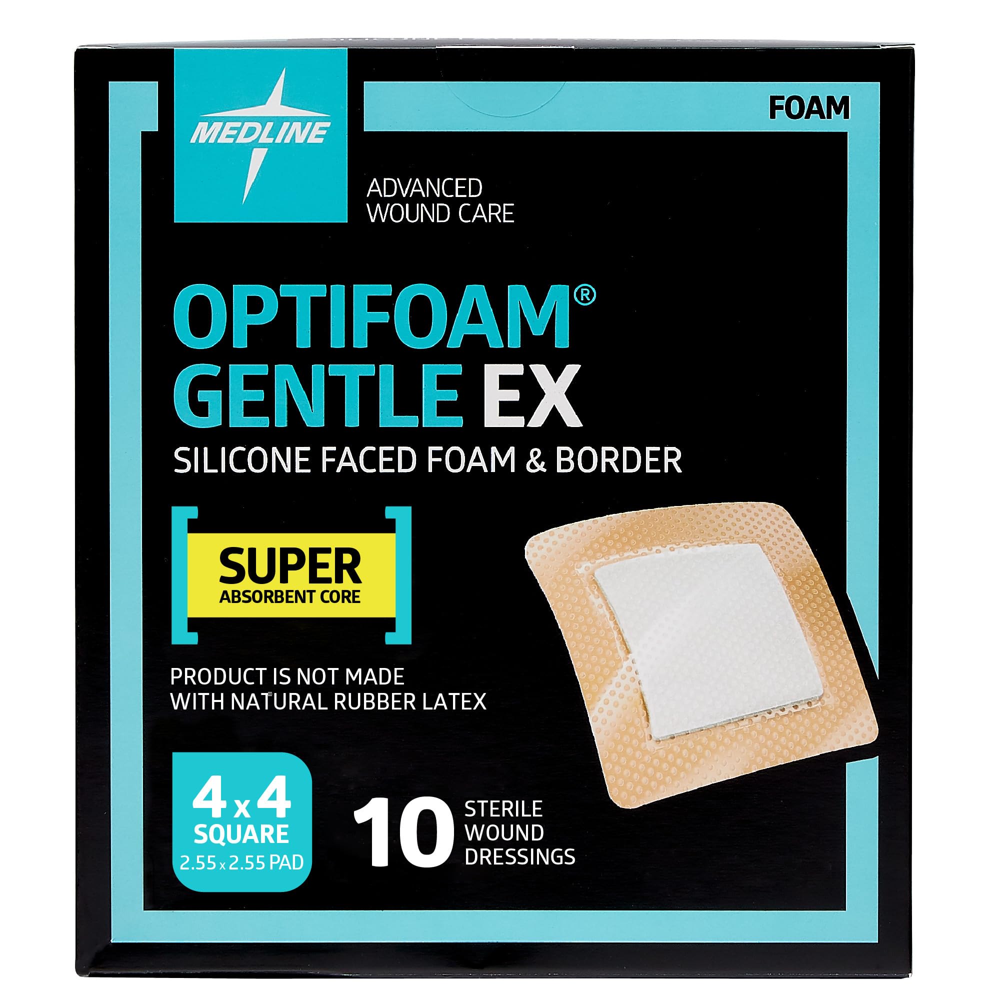 Medline Optifoam frontal 4x4 mostrando el apósito y beneficio de absorción