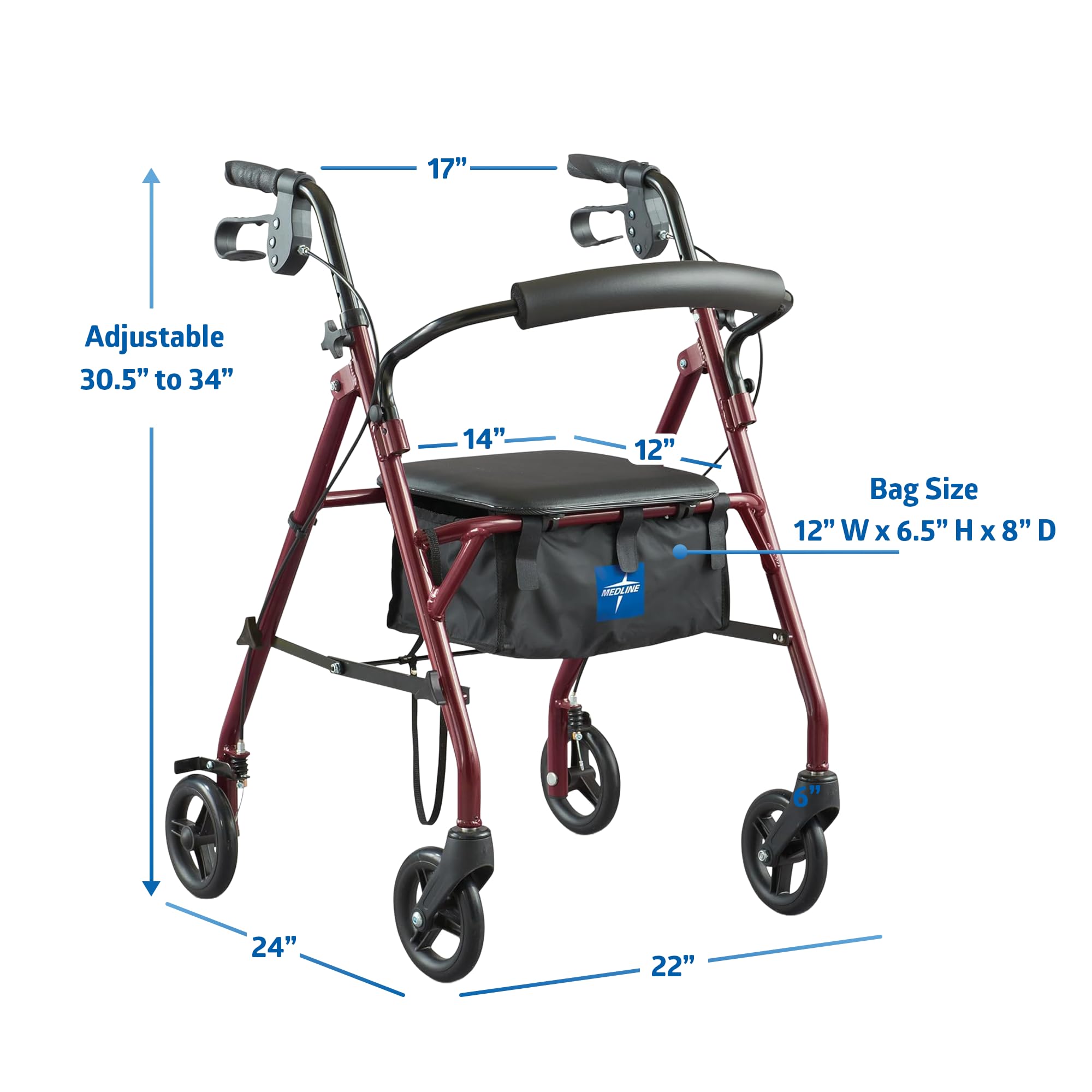 Medline rollator junto a una silla para comparar tamaño y altura