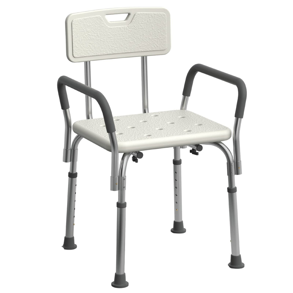 Medline vista frontal de la silla de ducha con respaldo y reposabrazos, mayor seguridad