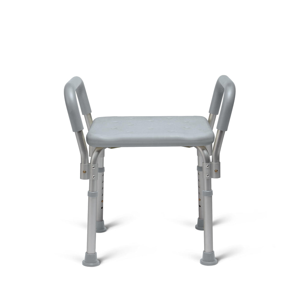 Medline vista frontal de la silla de ducha, estabilidad y diseño seguro