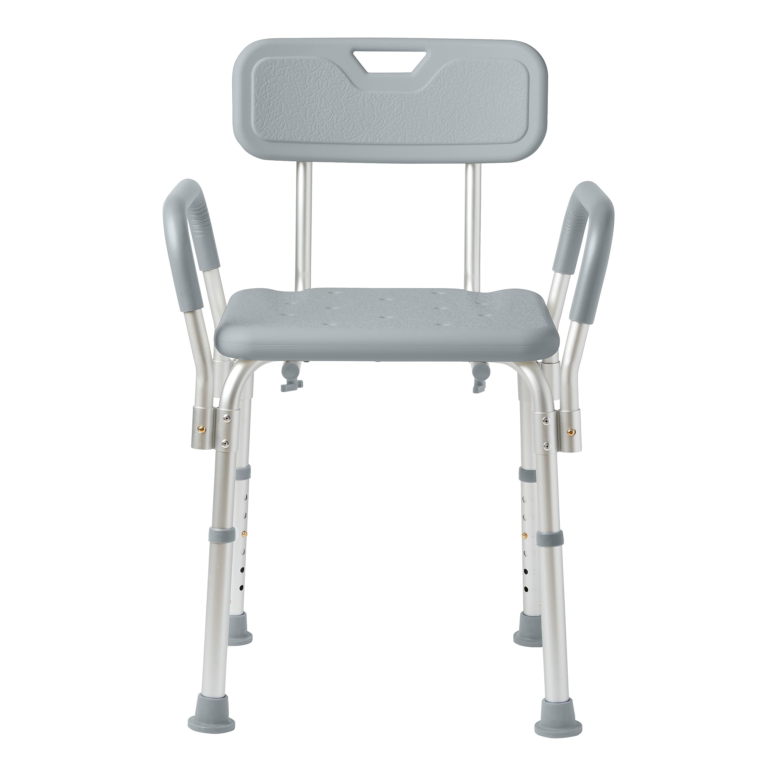 Medline silla de ducha frontal mostrando respaldo y reposabrazos para mayor seguridad