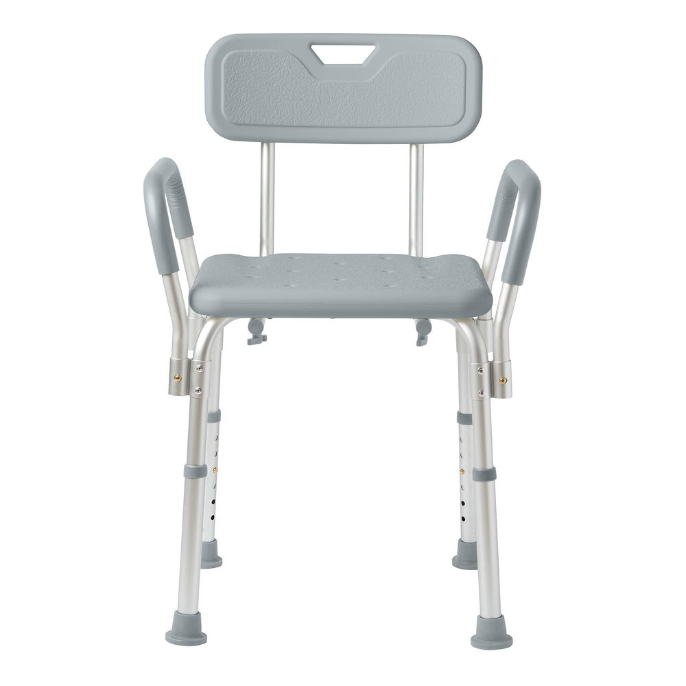 Medline silla de ducha frontal mostrando respaldo y reposabrazos para mayor seguridad