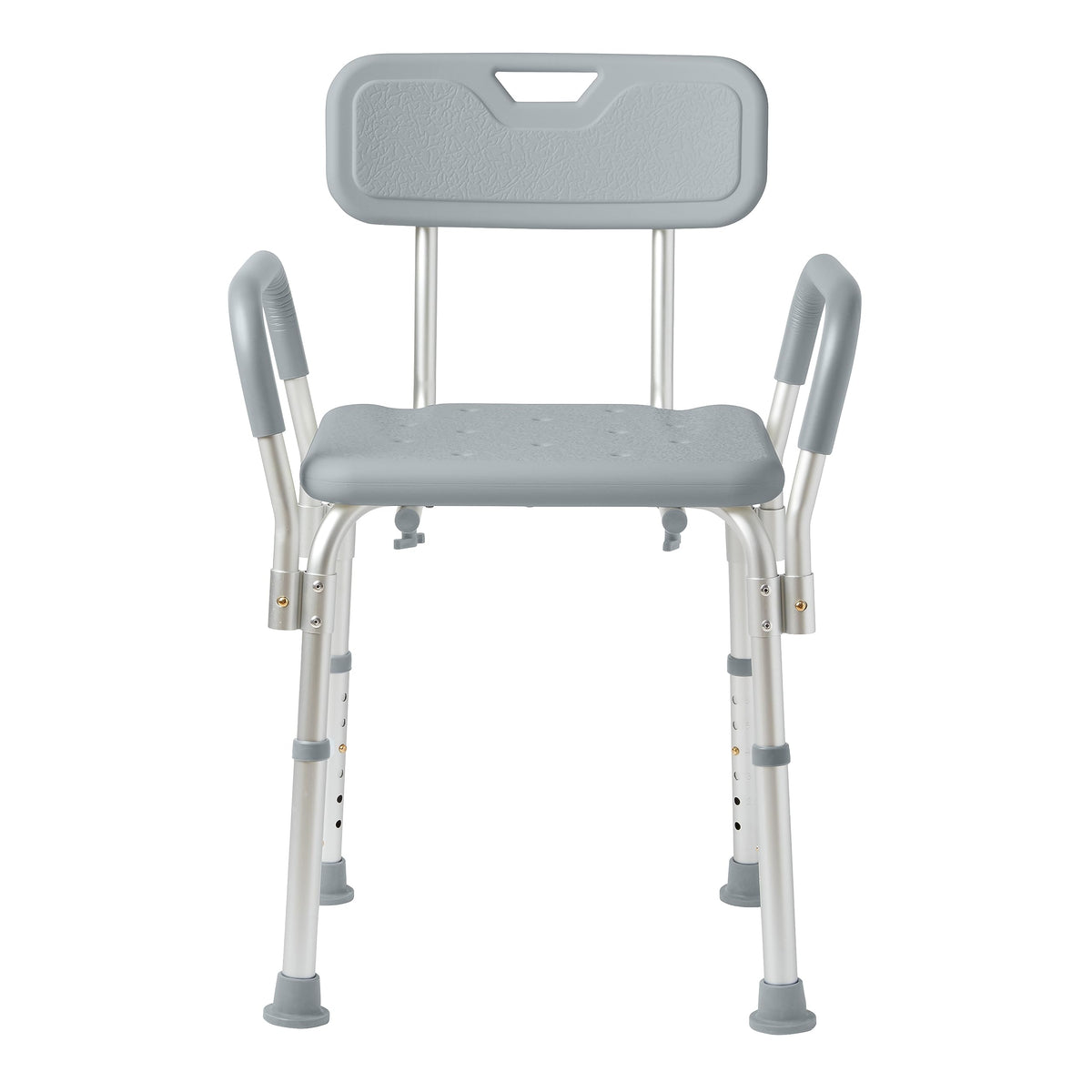 Medline silla de ducha frontal mostrando respaldo y reposabrazos para mayor seguridad