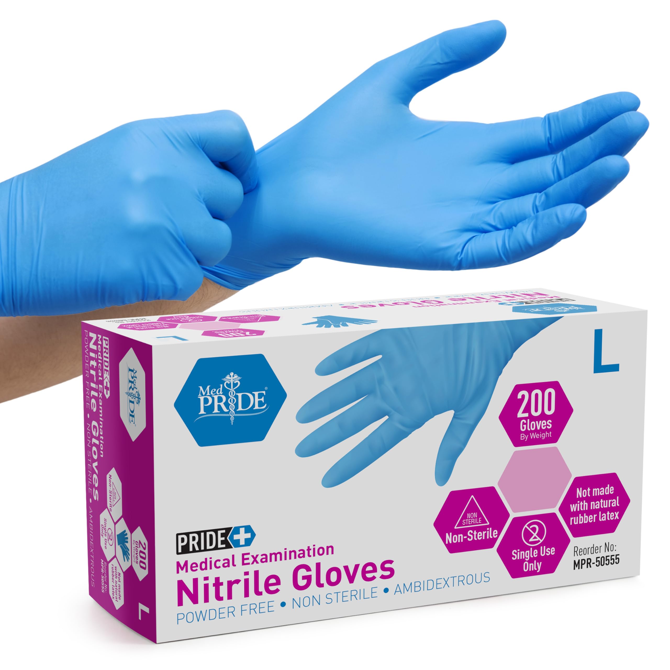 Medpride frente del empaque azul mostrando 200 guantes, visibilidad y organización