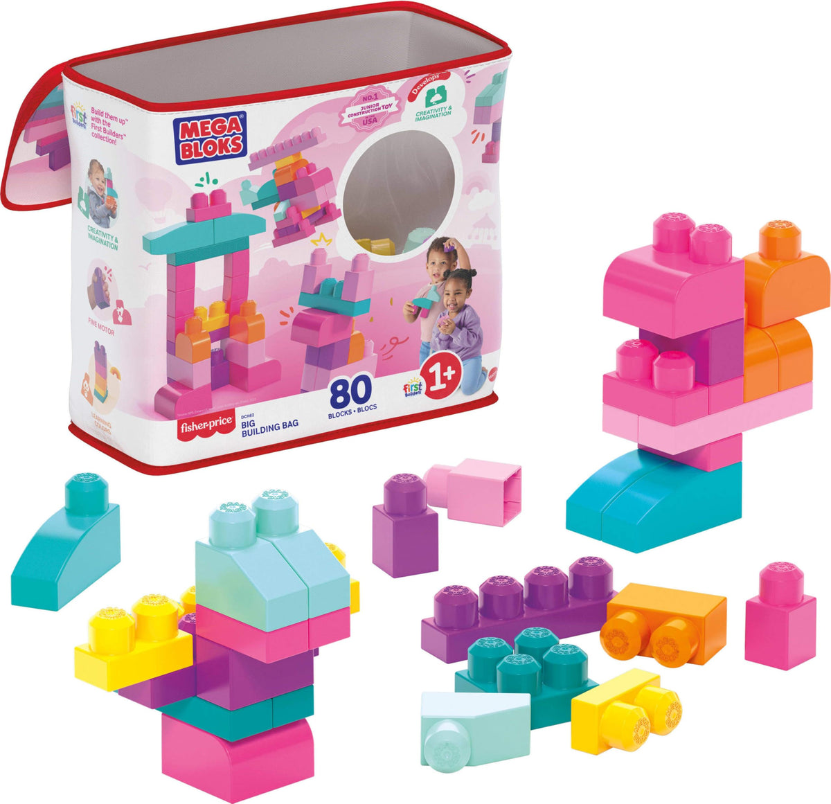 Mega Bloks bolsa rosa al frente mostrando 80 piezas y organización fácil