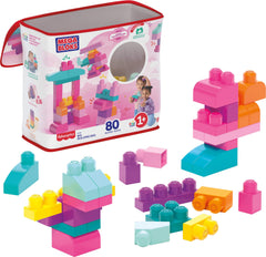 Mega Bloks bolsa rosa al frente mostrando 80 piezas y organización fácil