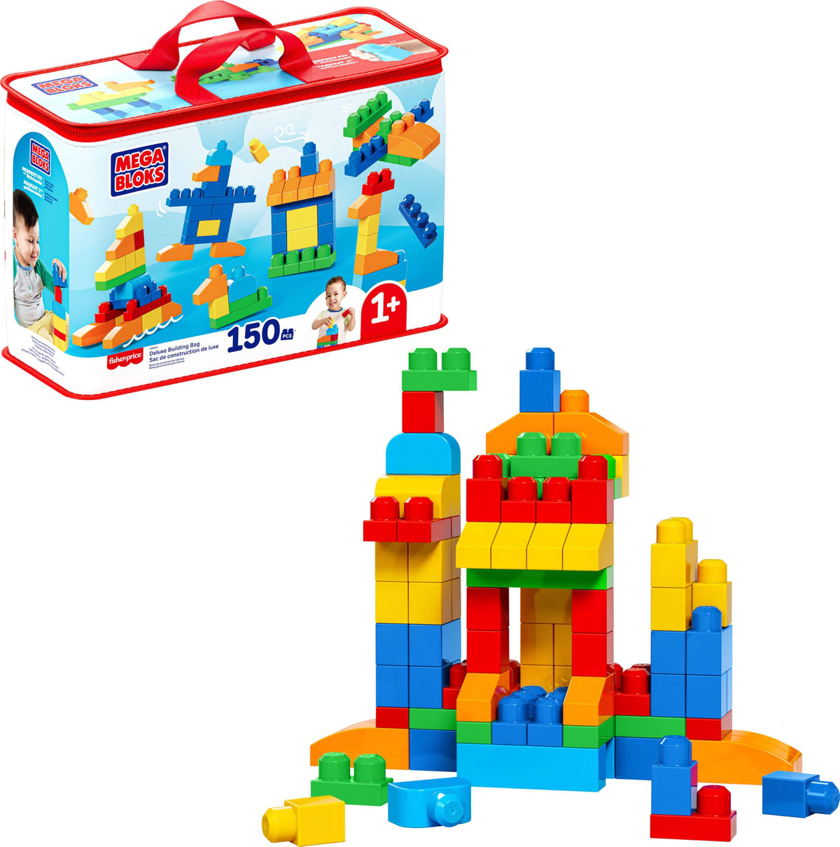 Mega Bloks bolsa frontal roja mostrando 150 piezas y fácil transporte