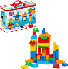 Mega Bloks bolsa frontal roja mostrando 150 piezas y fácil transporte