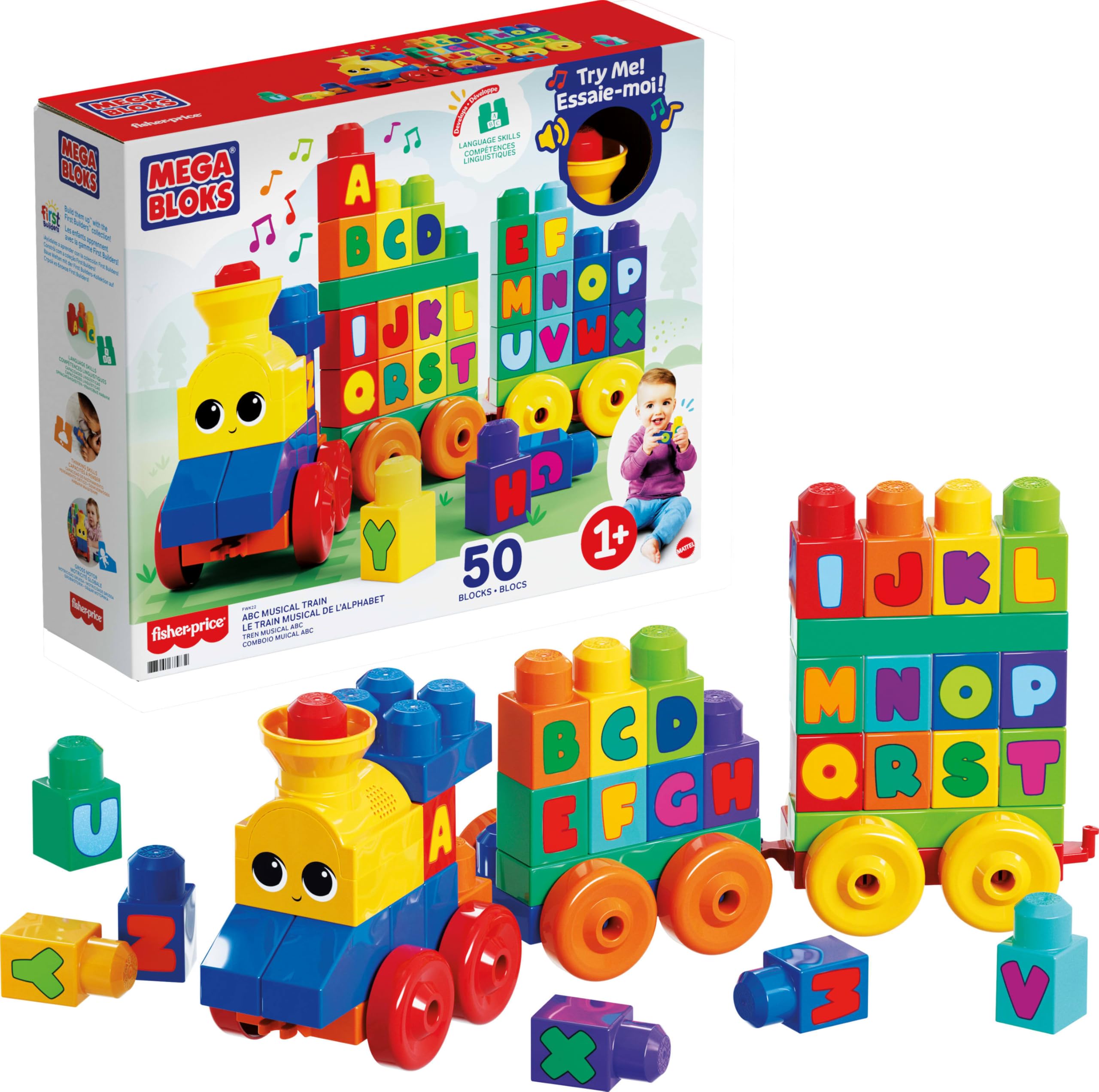 Mega Bloks vista frontal del tren ABC con 50 piezas para aprendizaje