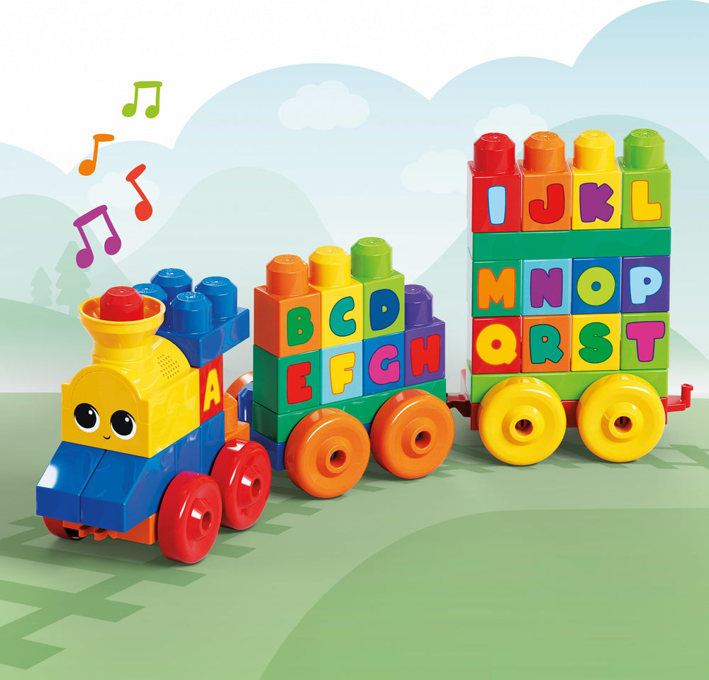Mega Bloks bloques con letras ABC apiladas mostrando aprendizaje táctil